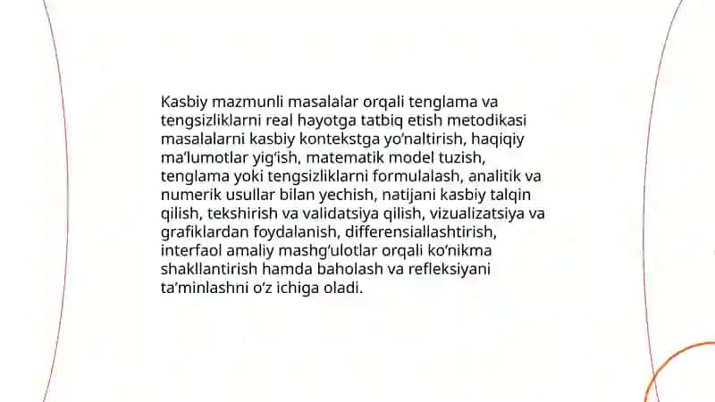 Tenglama va tengsizliklar o’qitishda kasbiy mazmunli masalalar o’rni 3