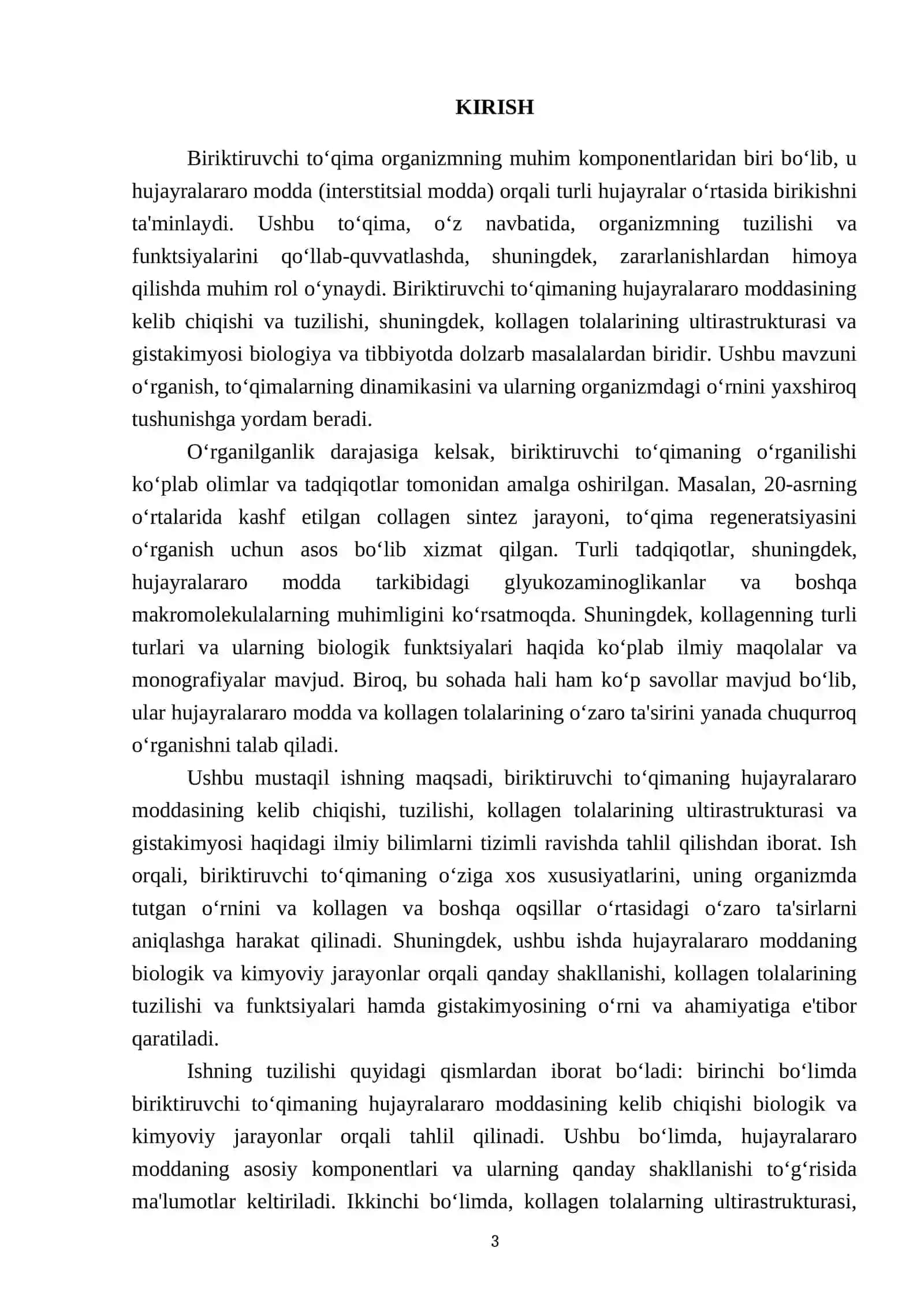 Biriktiruvchi to‘qimaning hujayralararo moddasining kelib chiqishi va tuzilishi. Kollagen tolalarning ultirastrukturasi va gistakimyosi 3