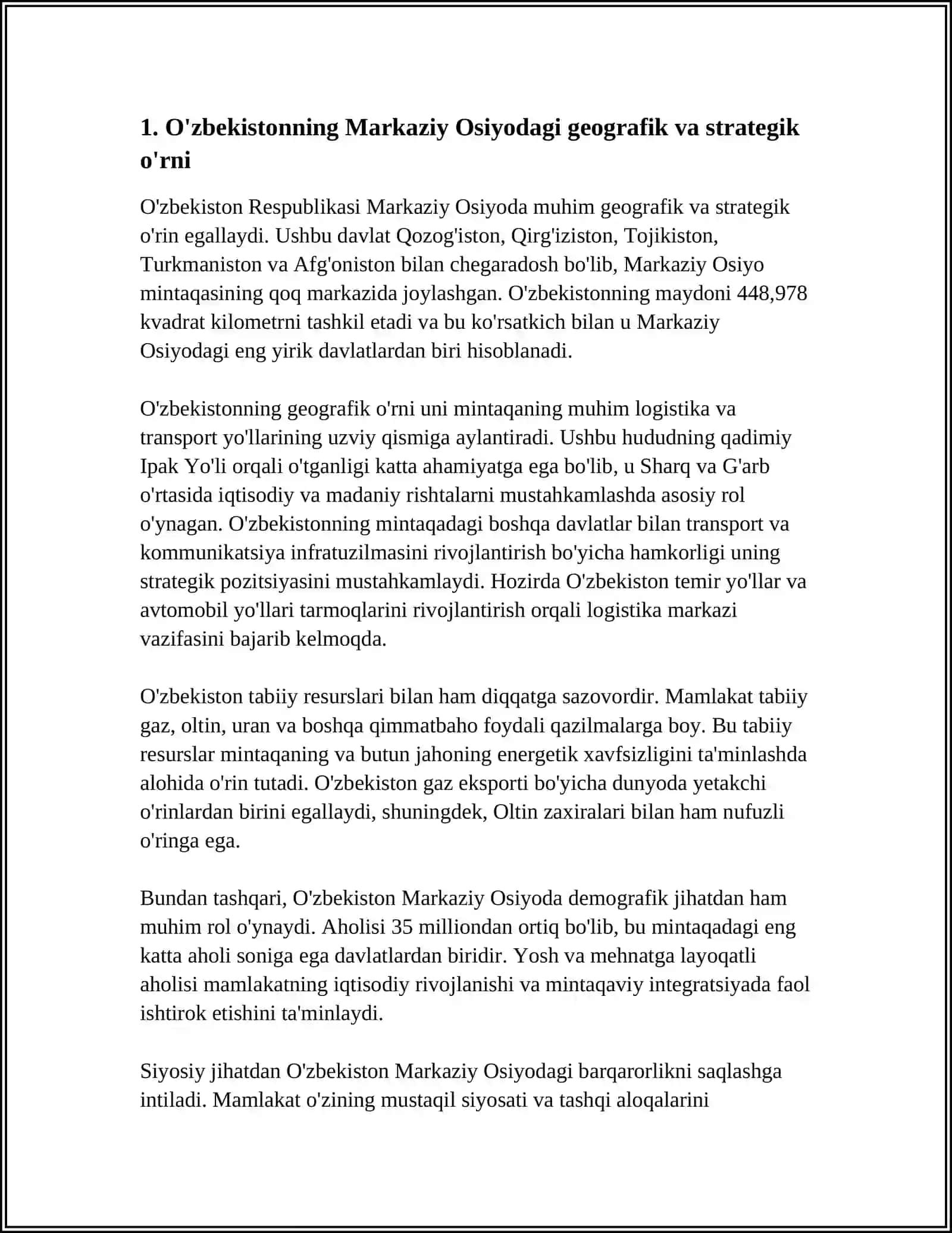 O'zbekistonning Markaziy Osiyodagi O'rni va Ahamiyati 3