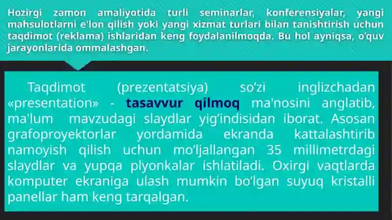 Tayyor ma’lumot asosida yaratgan slaydlarni taqdimot darajasiga chiqarish 3
