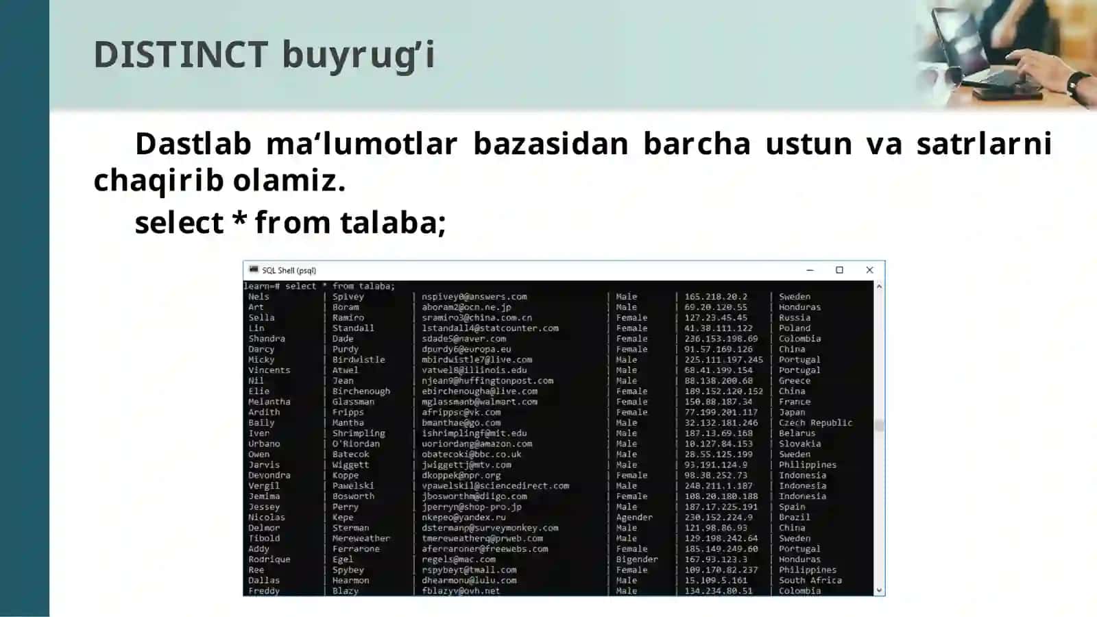 DISTINCT buyrug’i 3