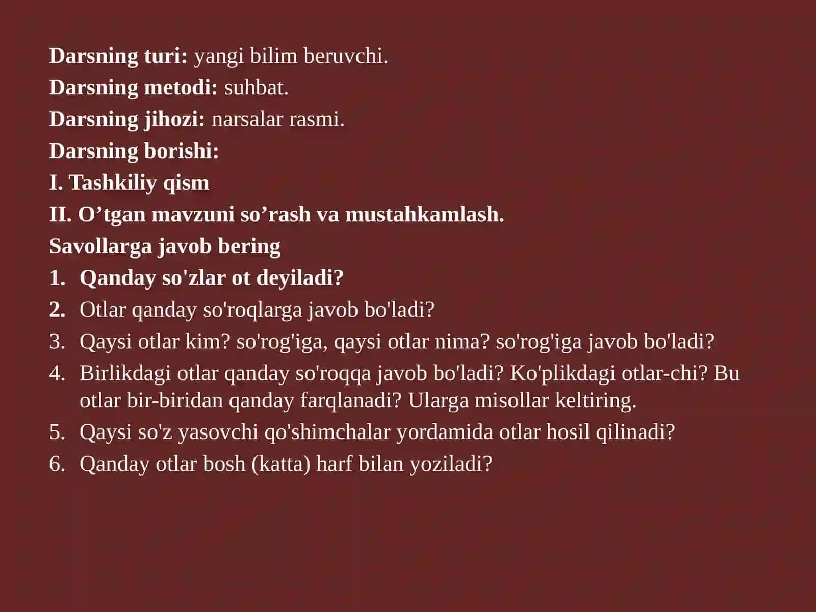 3-sinf Ona tili Sifatning qanday qanaqa so'roqlarga javob berishi dars ishlanma 3