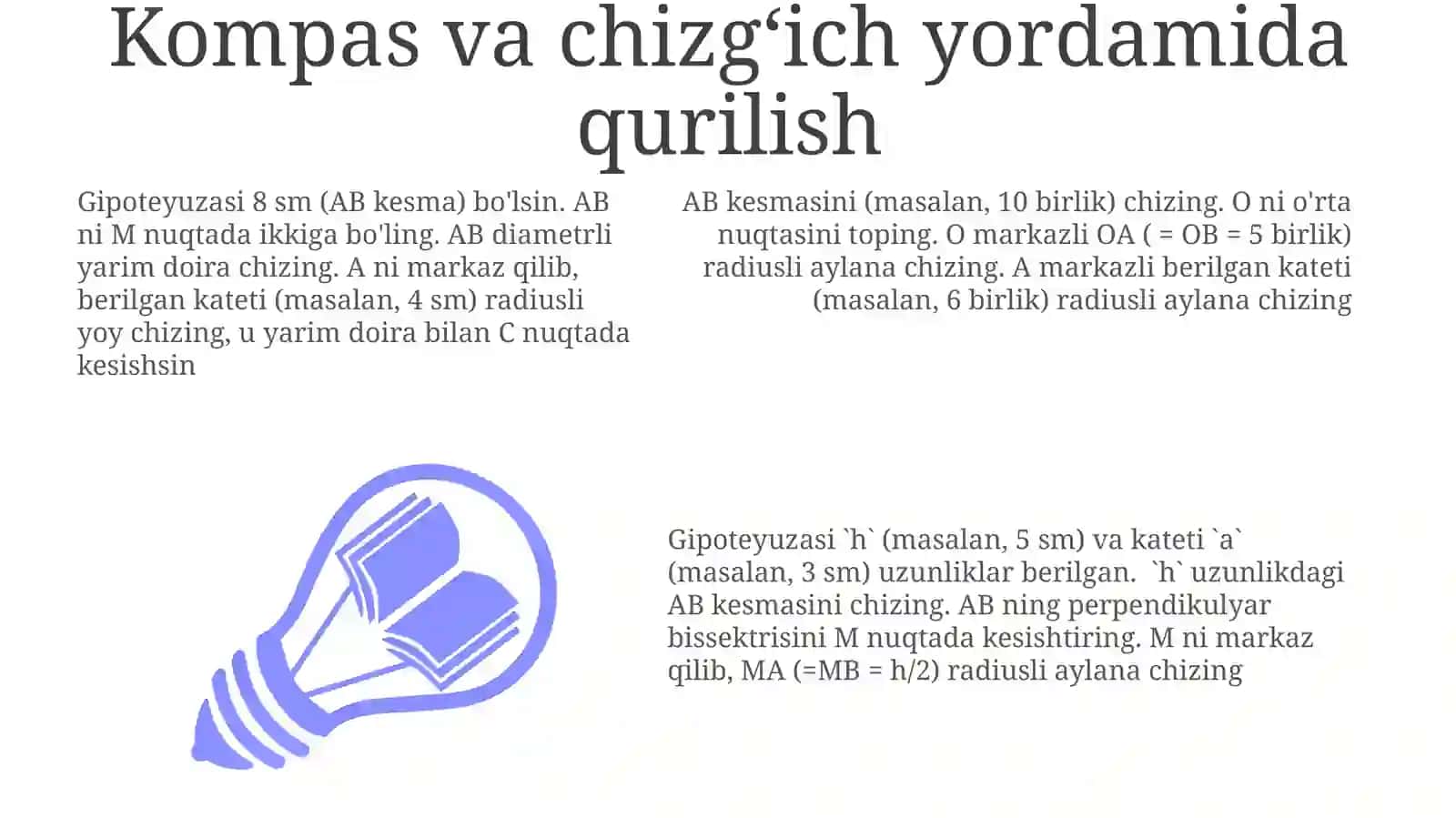 Gipotenuzasi va kateti boʼyicha toʼgʼri burchakli uchburchak yasash 3