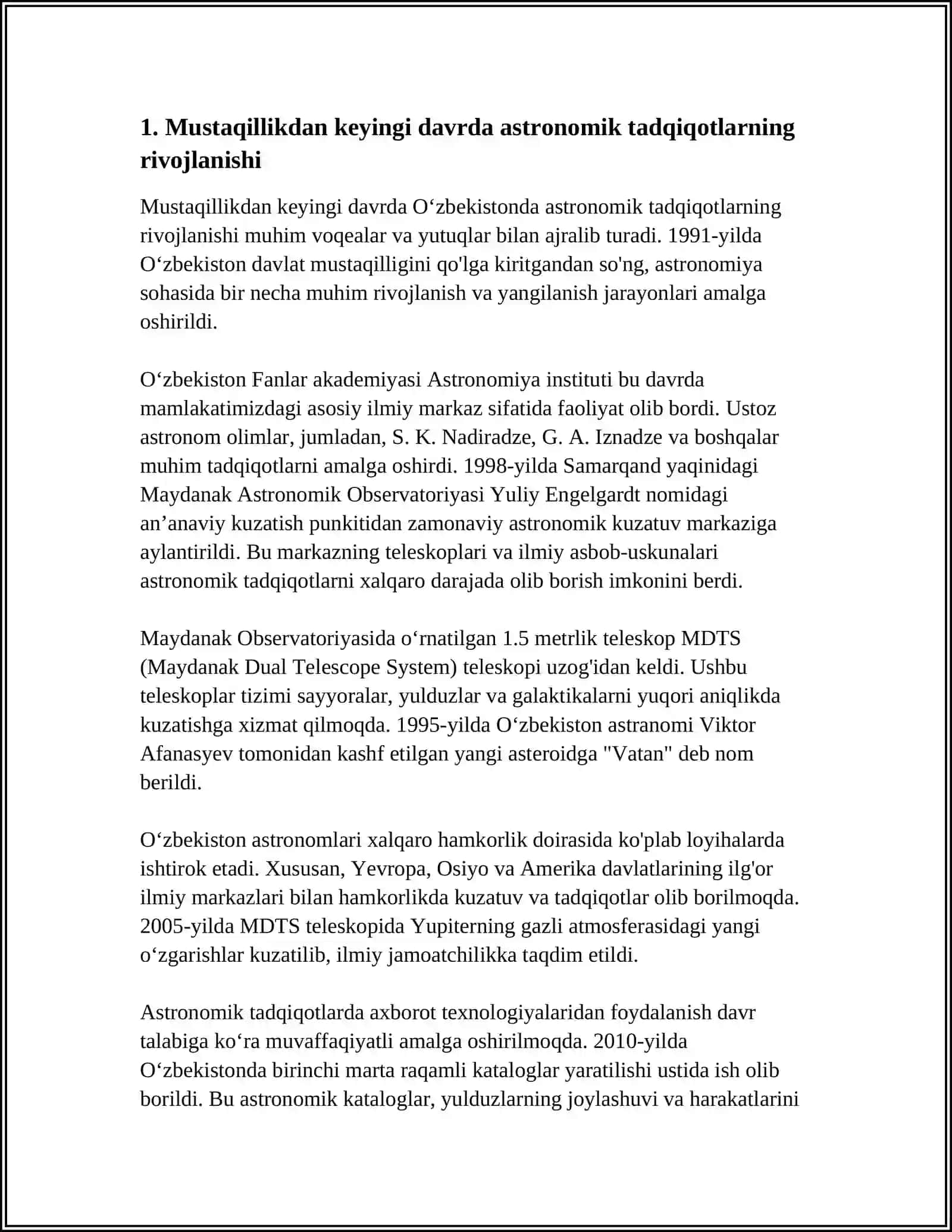 O‘zbekiston Mustaqillikka Erishgandan Keyingi Astronomiyani Rivojlantish 3