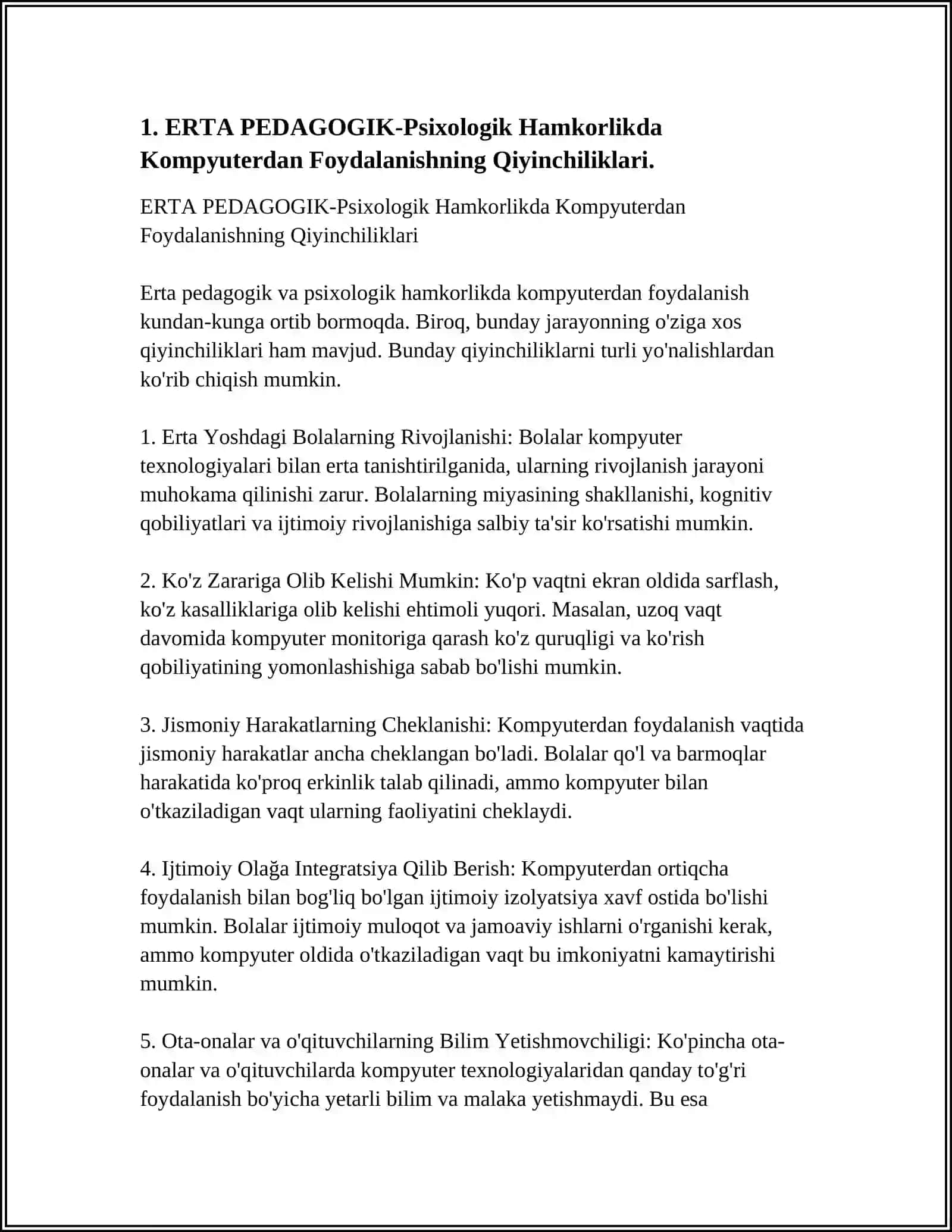 ERTA PEDAGOGIK-Psixologik Hamkorlikda Kompyuterdan Foydalanishning Qiyinchiliklari 3