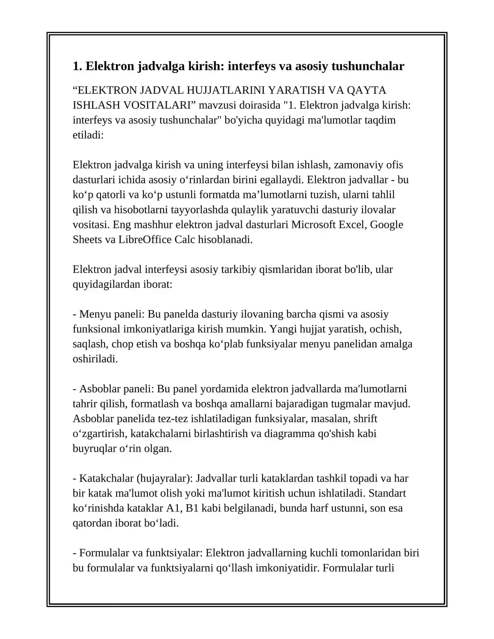 ELEKTRON JADVAL HUJJATLARINI YARATISH VA QAYTA ISHLASH VOSITALARI 3