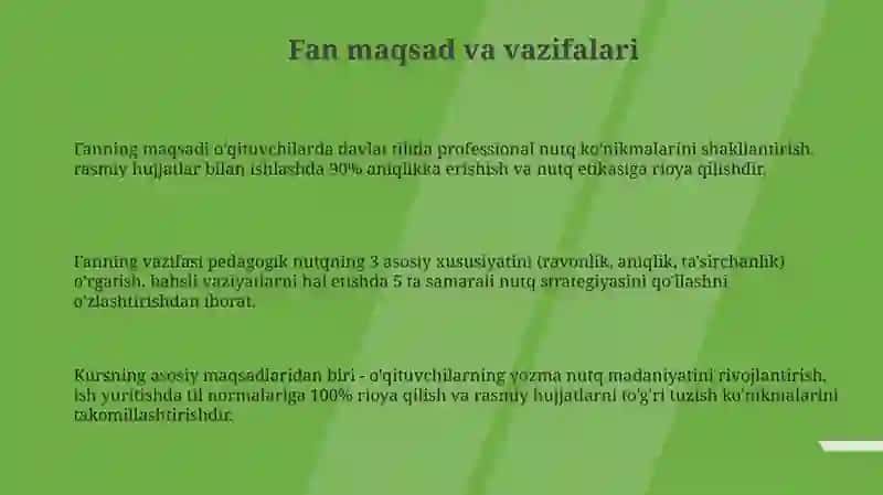 Oʻqituvchi nutuq madaniyati va davlat tilida ish yuritish fanining maqsad va vazifalari 3