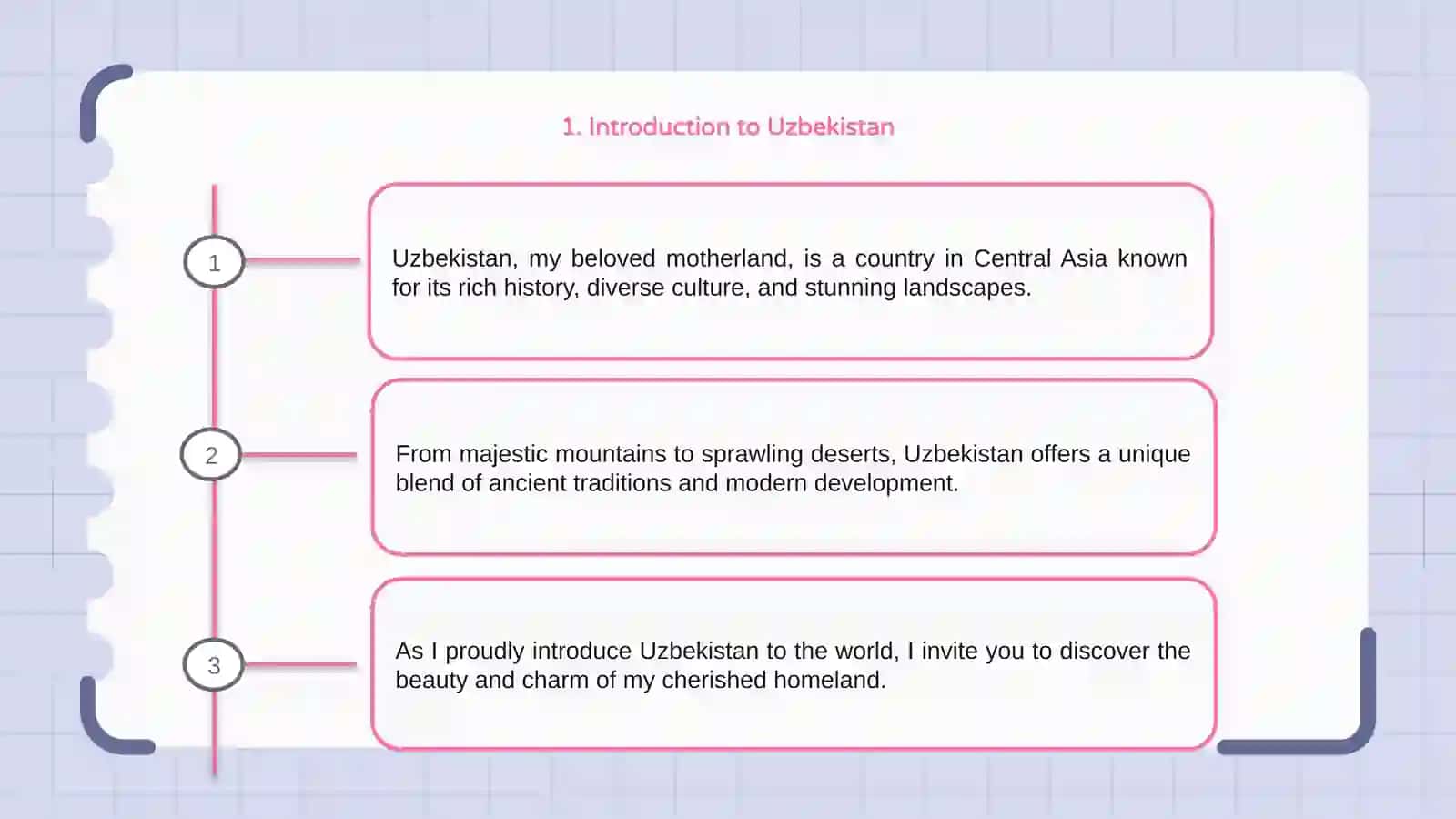 Uzbekistan is my motherland. 3