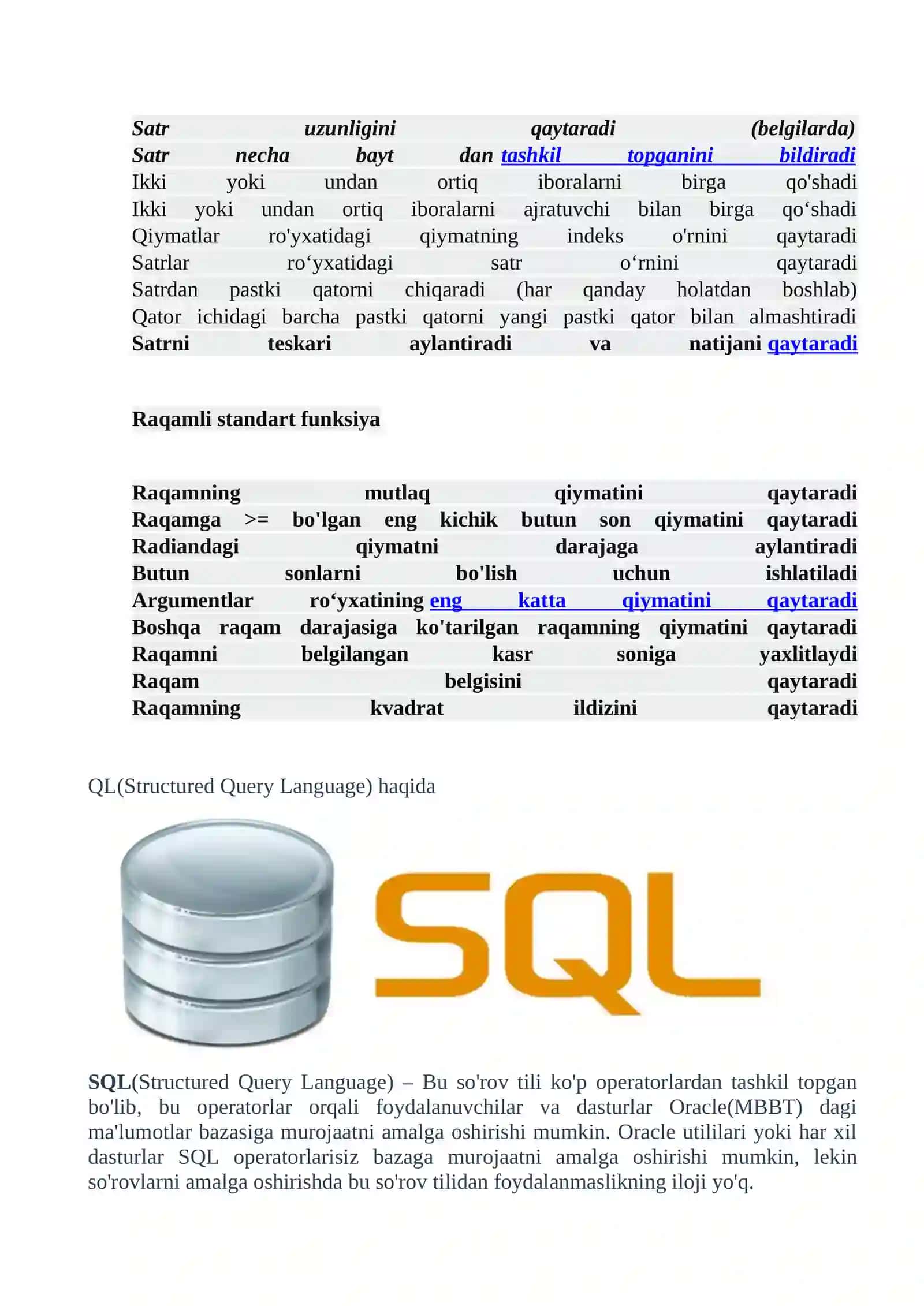SQL da jarayonlar va standart funksiyalar 3