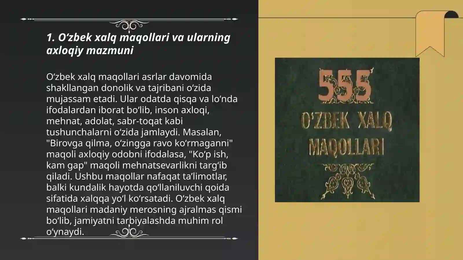 Oʻzbek xalq maqollarini toʻplash va mazmunini sharhlab tahlil qilish 3