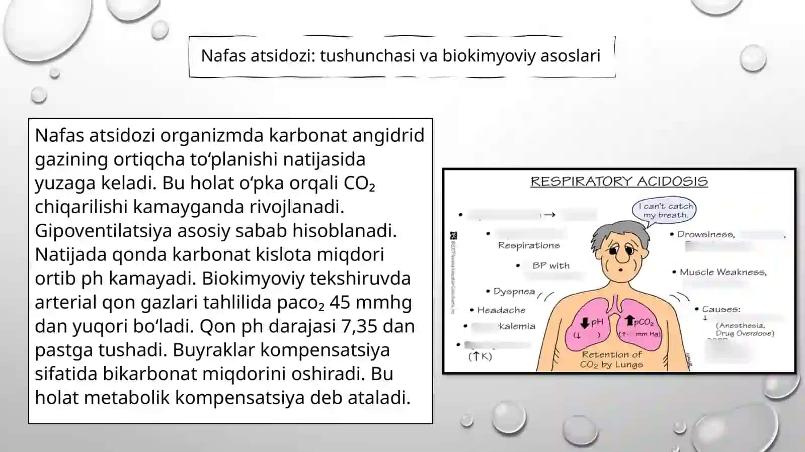 Nafas asidozi, metabolik asidoz, nafas alkalozi va metabolik alkalozlarning kelib chiqishi, biokimyoviy tashxisi. Qon ivish omillarining tug’ma kasalliklari. Nasliy va orttirilgan trombositopatiyalar va trombositopeniyalar 3