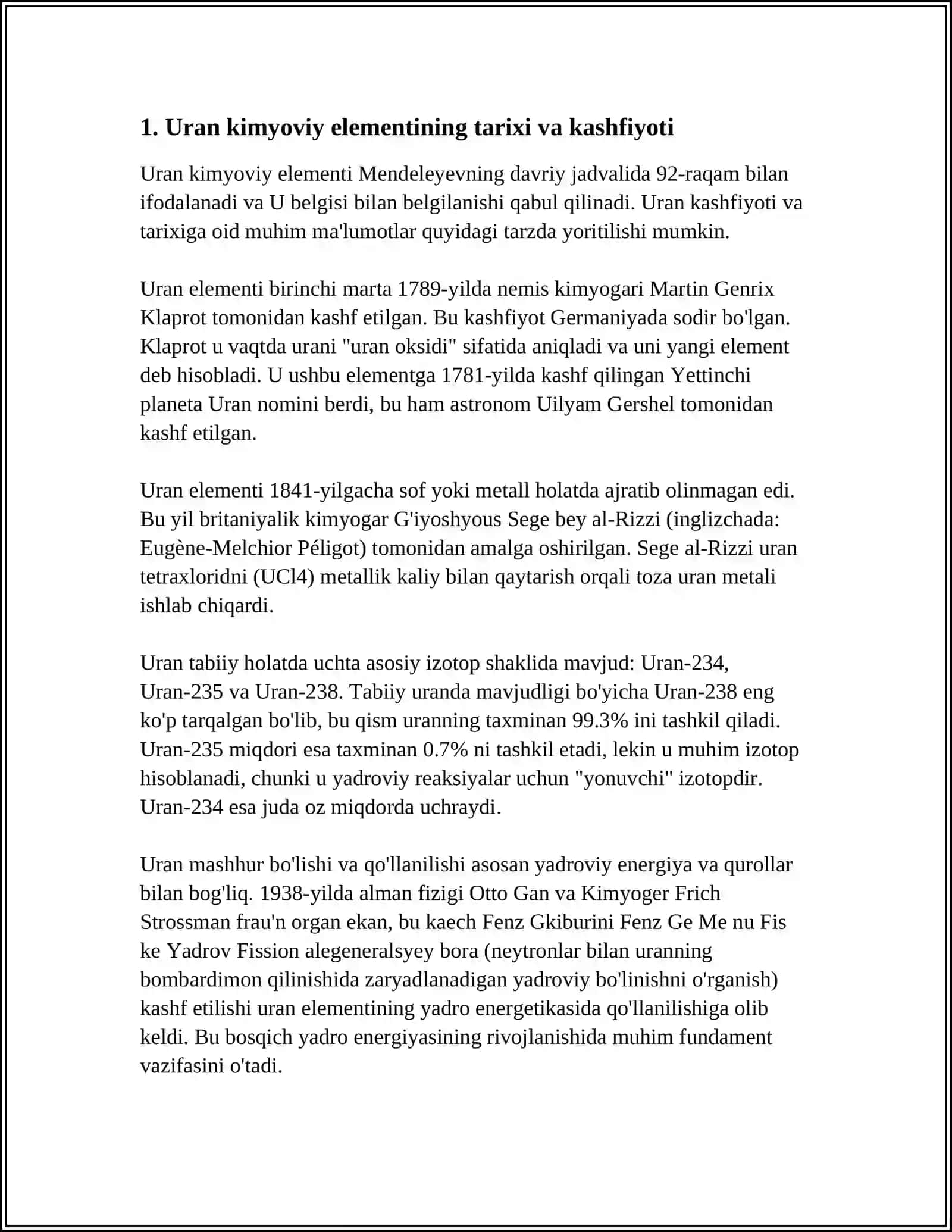 URAN KIMYOSI VA TEXNOLOGIYASI. URAN FIZIK-KIMYOVIY XOSSALARI. ASOSIY BIRIKMALARI. METALL XOLIDA OLISH 3