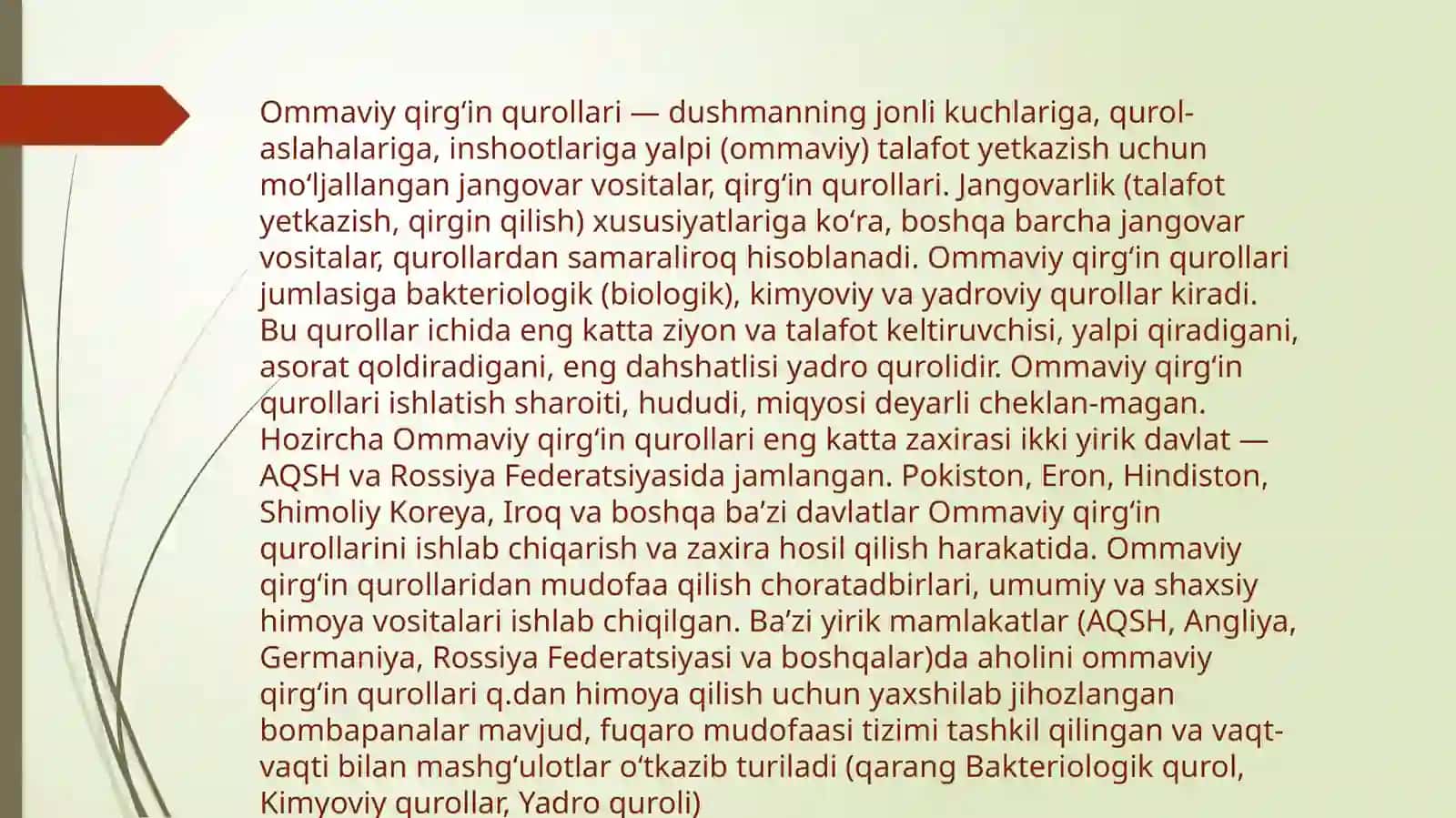 Ommaviy qirg'in qurollarining tasnifi. Jabrlanish o'chog'ining tibbiy taktik tavsifi. Yo'qotishlar. Yadroviy qurollar. Trotilekvi-valenti. Yadroviy portlash omillari 3