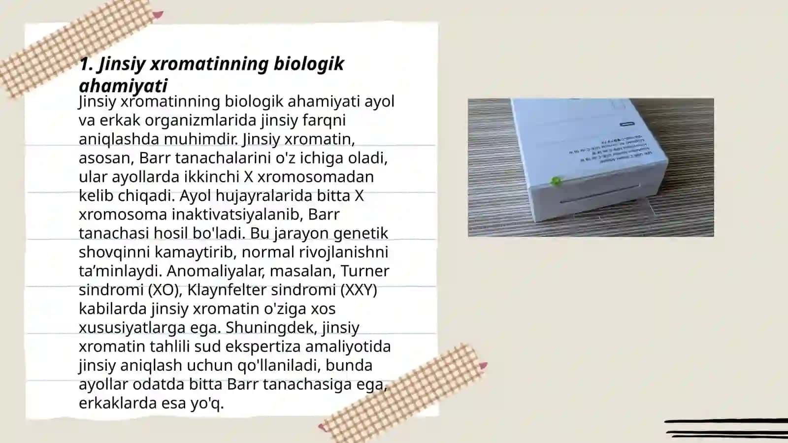 Jinsiy xromatinni organishning ahamiyati,jinsiy xromatinni organish uchun preparatlar tayyorlash va sitogenetik usul 3