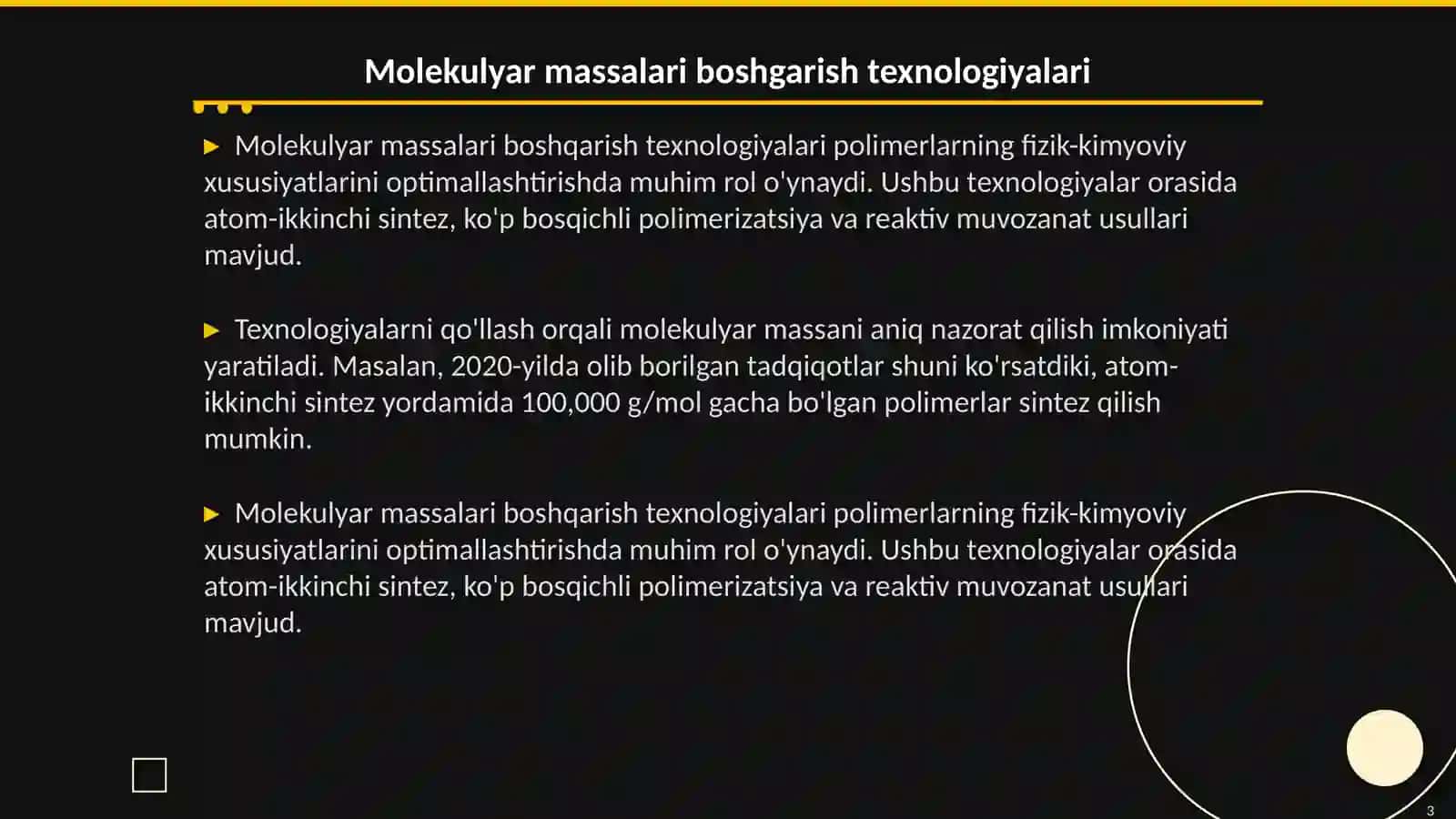 Molekulyar massalari boshgarilgan polimerlar sintezi va ulaming molekulyar-massaviy xarakteristikalari 3