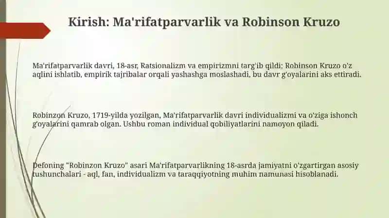 Daniel Defoning "Robinzon Kruzo" romanida ma'rifat gʻoyasi 3