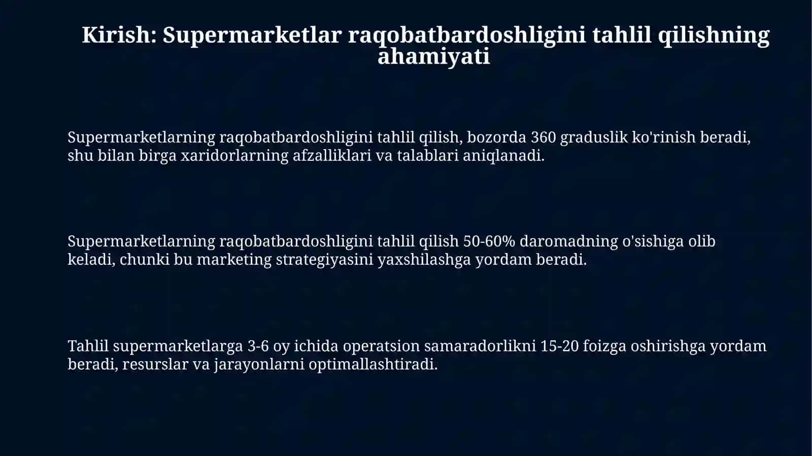 Korzinka, Havas va Makrosupermarketlarining raqobatbardoshliginitahlilqilish 3