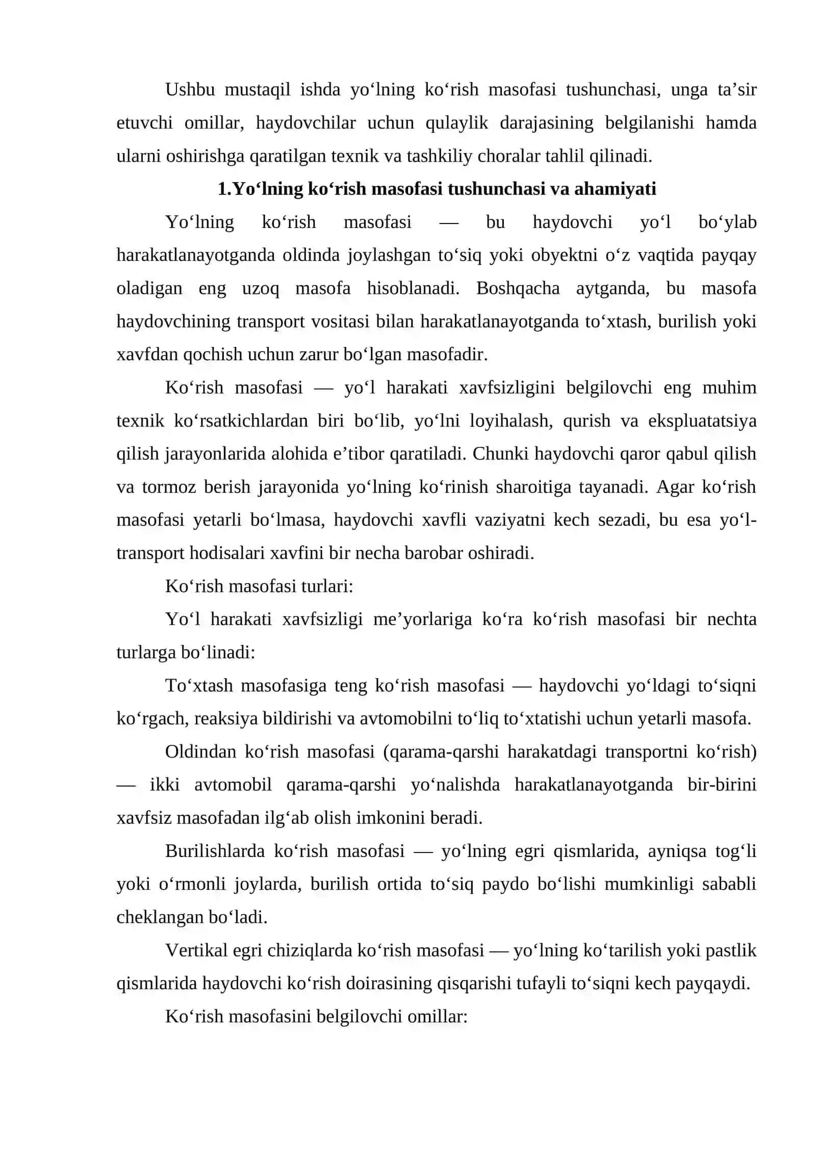 Yo‘lning ko‘rish masofasi va haydovchilar uchun qulaylik darajasi. 3