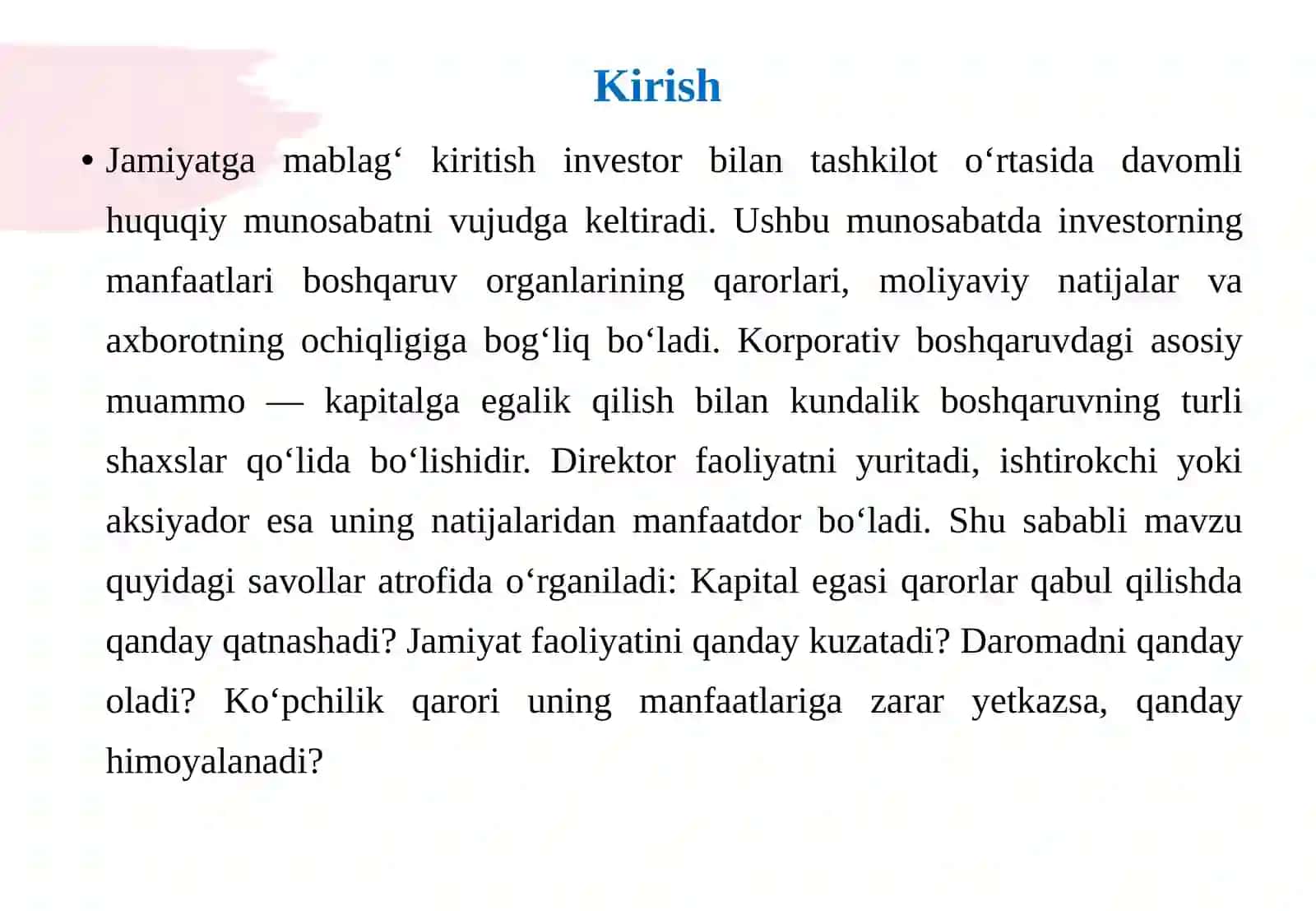 Ishtirokchi va aksiyadorlarning korporativ huquqlari ovoz berish, axborot olish, daromad olish va ozchilik ishtirokchilar manfaatlari.pptx 3