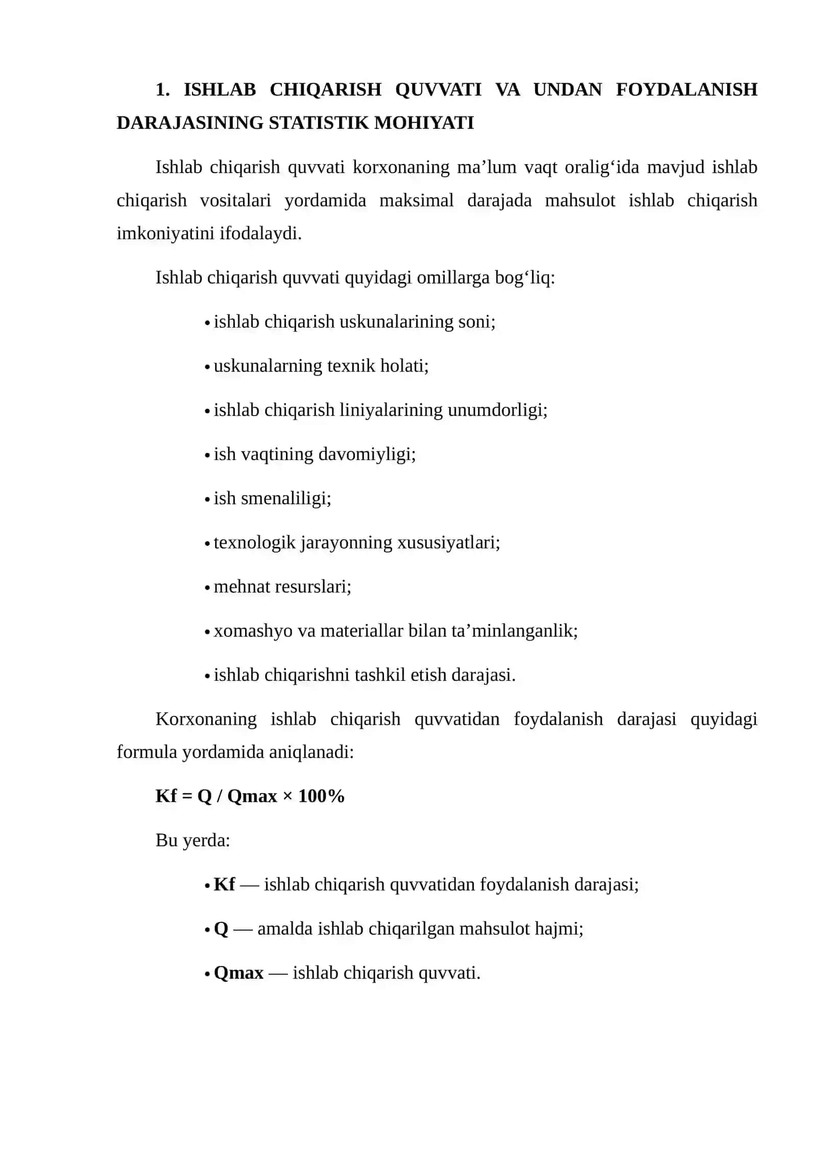 KORXONASINING ISHLAB CHIQARISH QUVVATI VA UNDAN FOYDALANISH DARAJASINI ANIQLASH BO‘YICHA STATISTIK KUZATISH DASTURINI ISHLAB CHIQISH 3