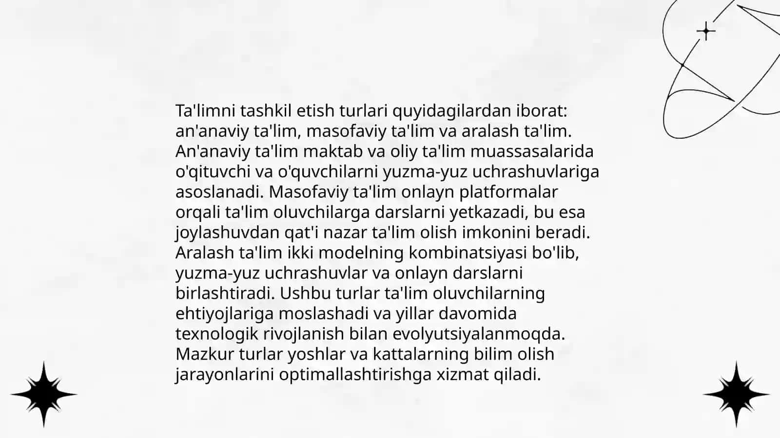 Ta'limni tashkil etish turlari va shakllari.Oʻquvchilarning ijodiy qobiliyatlarini rivojlantirishda qoʻshimcha ta'limning oʻrni. Oʻquvchilarning bilim va malakalarini tashkil etish 3