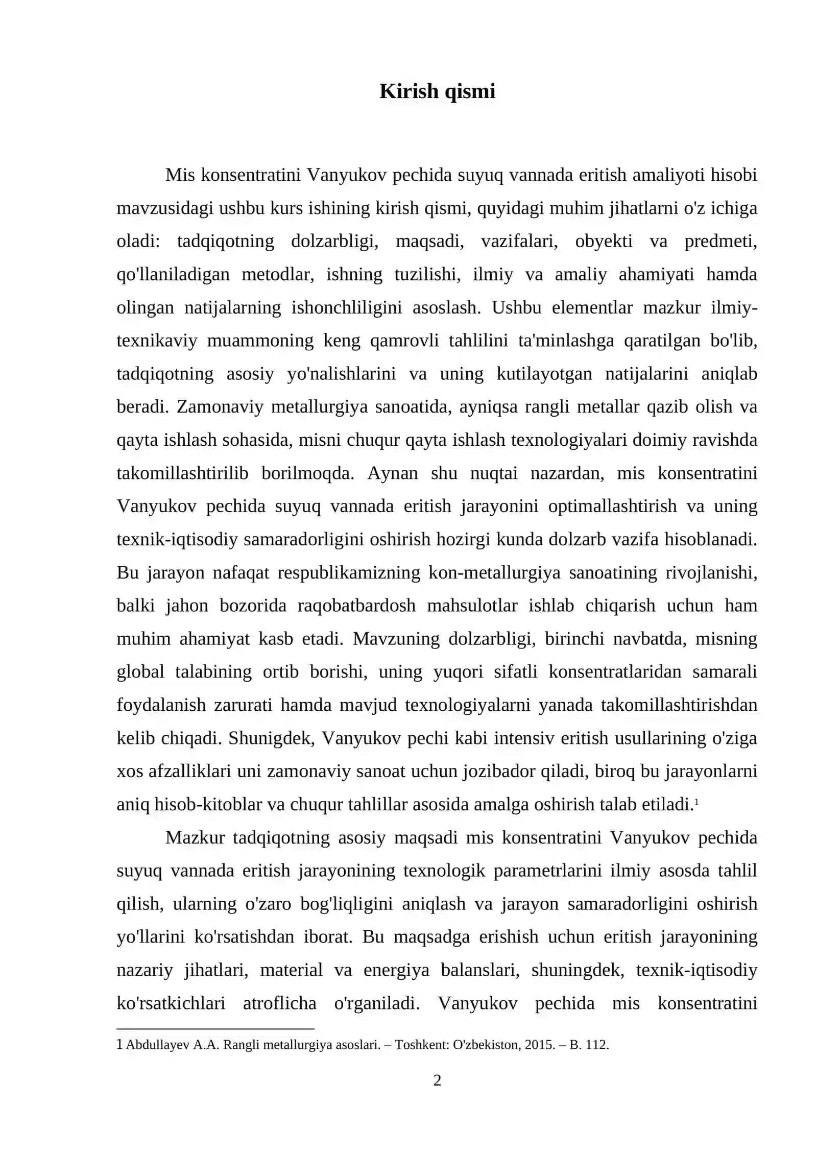 Mis konsentratini Suyuq vannada eritish amaliyoti hisobi. (Vanyukov pechi). Cu – 19.2; SiO2 – 8; Fe – 31; CaO – 0.3; S – 32.4; Al2O3 – 1; Zn – 3.5; As – 0.25;Pb – 0.5; Boshqalar – 4.85; W – 5; Q = 290 000 t/yil 3