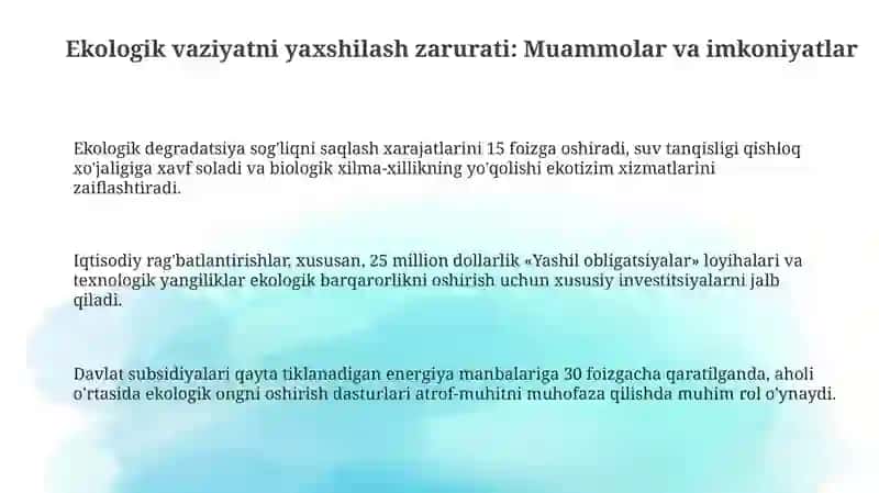 Ekologik holatni yaxshilash ekolog yoshlarni koʻpaytirish va ekologik investitsiyalarni jalb etish 3