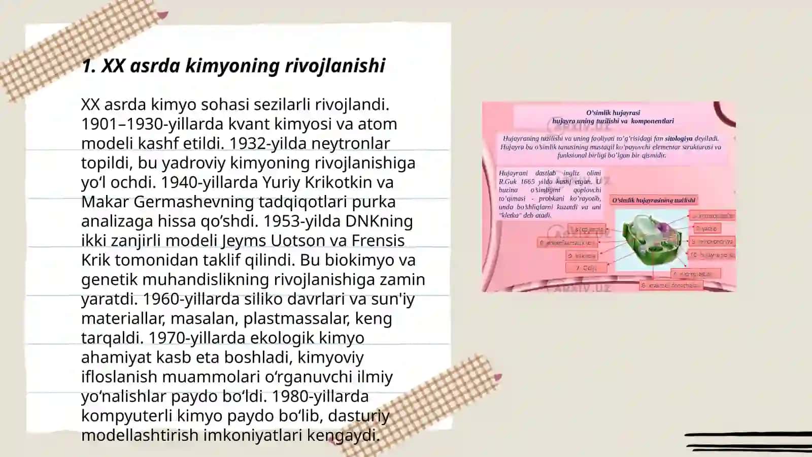 XX asrda kimyoning yangi yònalishlari moddalarni òrganishga yangi yondashuvlar supromolekulyar kimyo element organik birikmalar kimyosi 3