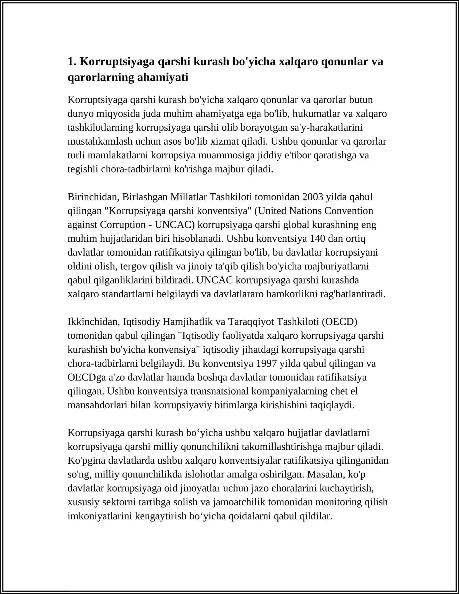 KORRUPSIYAGA QARSHI KURASH BO'YICHA XALQARO QONUNLAR VA QARORLARNING O’ZBEKISTONDA RATIFIKATSIYA QILISHNING AHAMIYATI, IQTISODIY-SIYOSIY VA IJTIMOIY-HUQUQIY MEXANIZMLARI 3