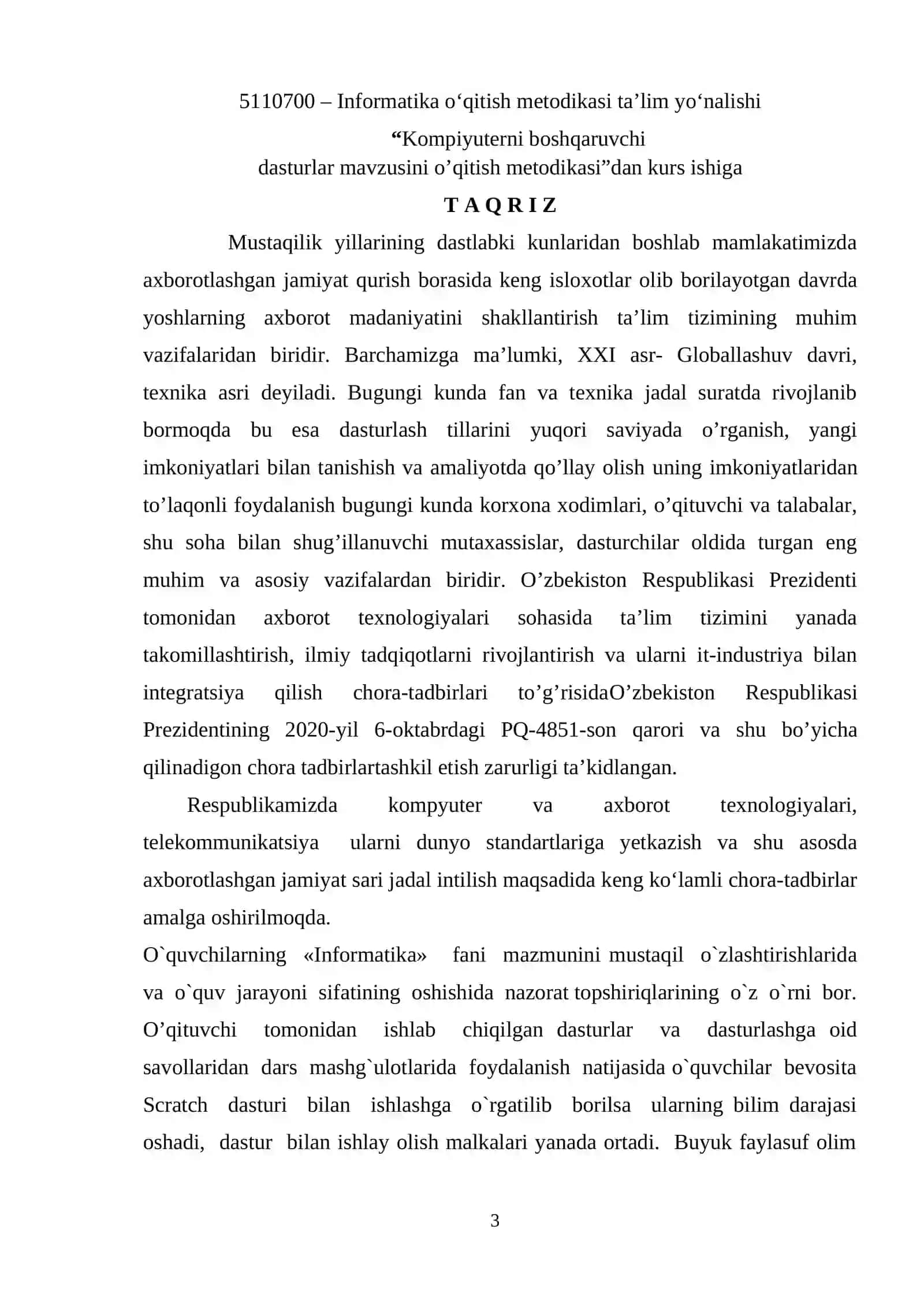 KOMPIYUTERNI BOSHQARUVCHI  DASTURLAR MAVZUSINI O’QITISH METODIKASI KURS ISHI 3