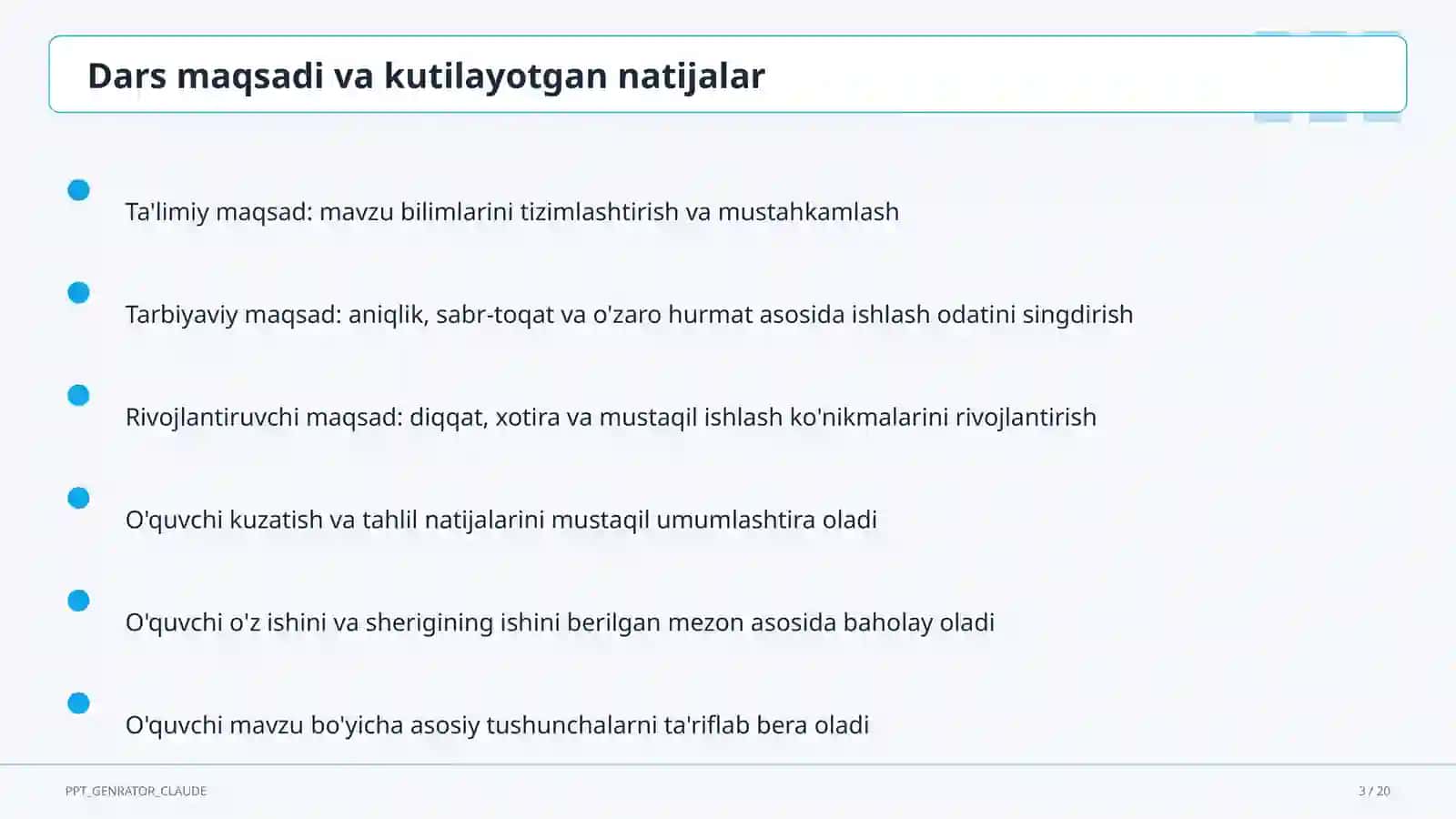 Sinf soati va tarbiyaviy tadbirlar (1– 11) — o'qituvchilar uchun 3