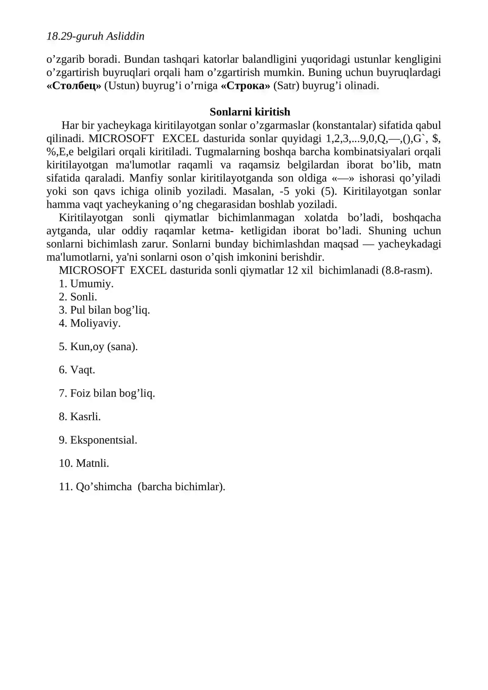 MICROSOFT EXCEL dasturi 3