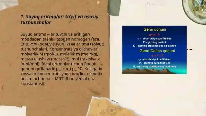 Suyuq eritmalar va ularining konsentratsiyasi Raul qonuni Genri qonuni Osmatik bosim 3