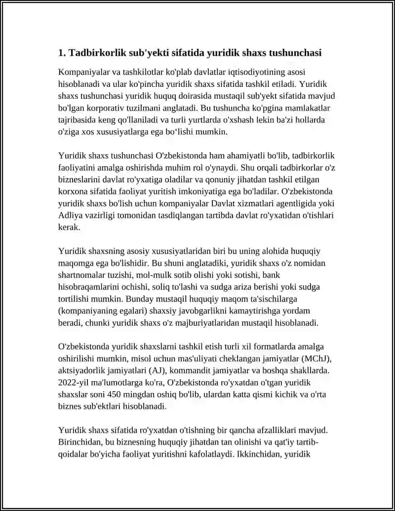 TADBIRKORLIK SUBʼEKTI SIFATIDA YURIDIK SHAXSLAR VA ULARNING TASNIFI 3
