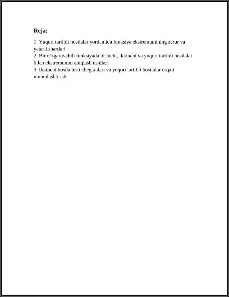 FUNKSIYA EKSTRЕMUMINI YUQORI TARTIBLI HOSILALAR YORDAMIDA TOPISH 3