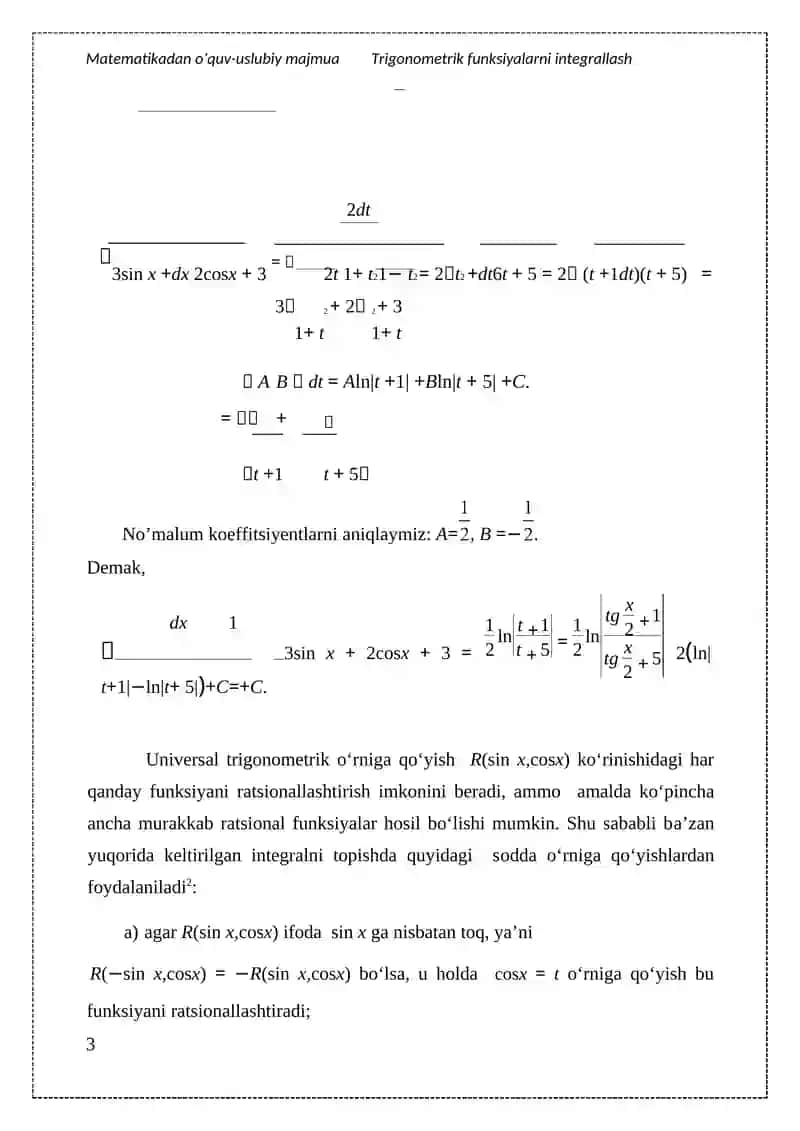 TRIGONOMETRIK FUNKSIYALARNI INTEGRALLASH 3