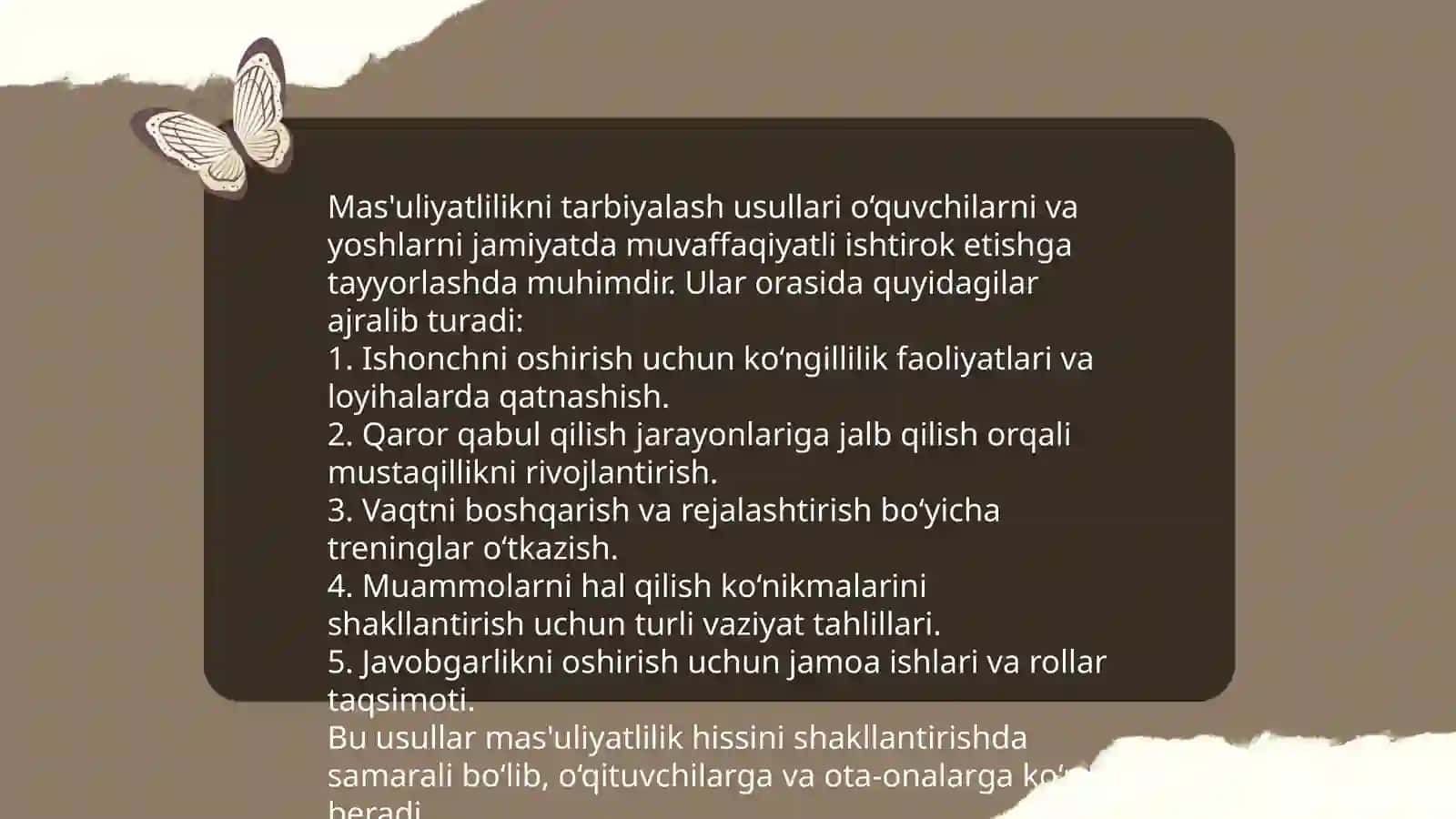 Ma'suliyatlilik,tolerantlik,huquqiy madaniyat,innovatsion fikrlash kabi fazilatlarni shakllantirish mazmuni 3