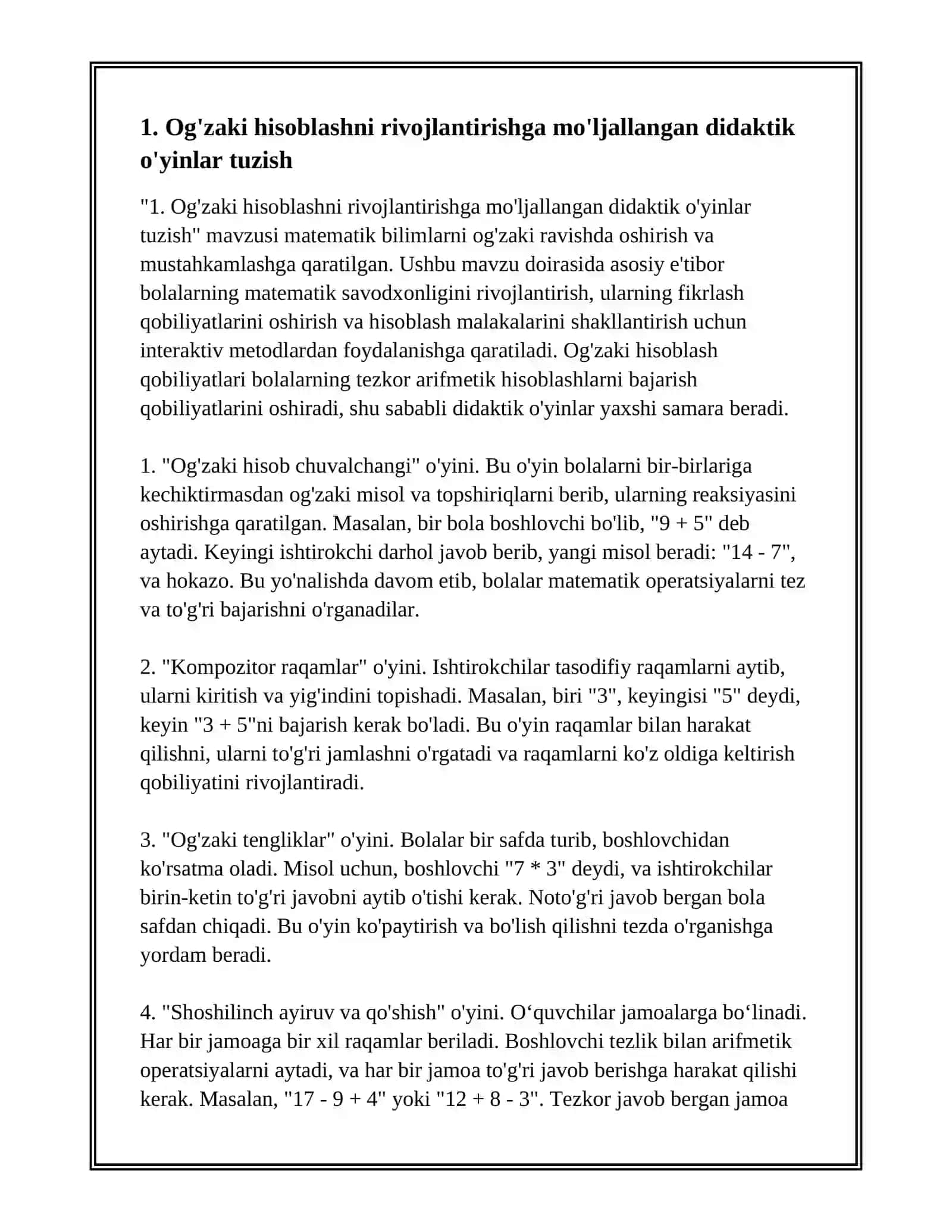 OG'ZAKI VA YOZMA HISOBLASHGA DOIR DIDAKTIK (O'YINLAR) TOPSHIRIQLAR TO'PLAMINI TUZISH 3