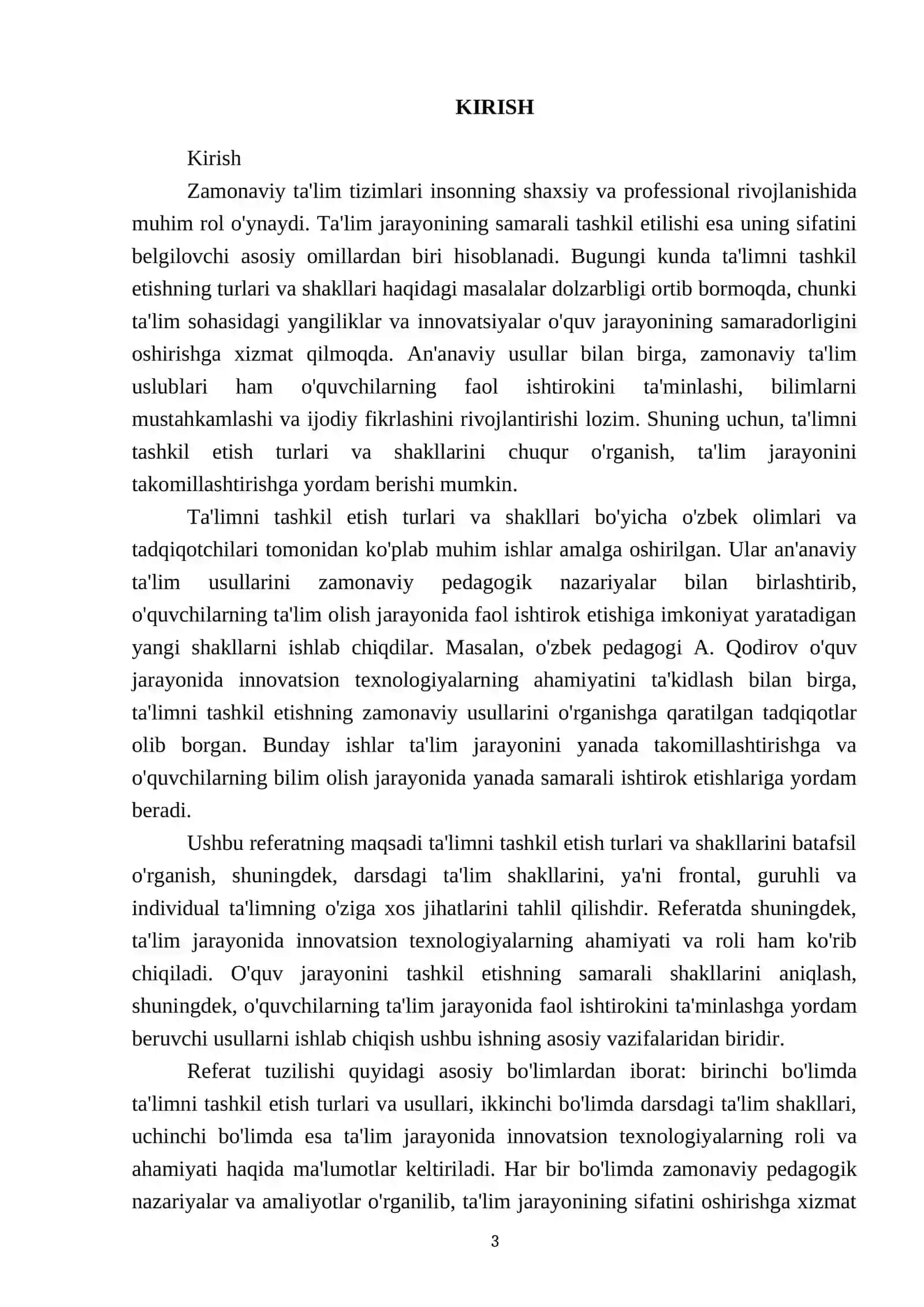 Talimni tashkil etish turlari va shakllari. Dars talimni tashkil etishning asosiy shakli 3