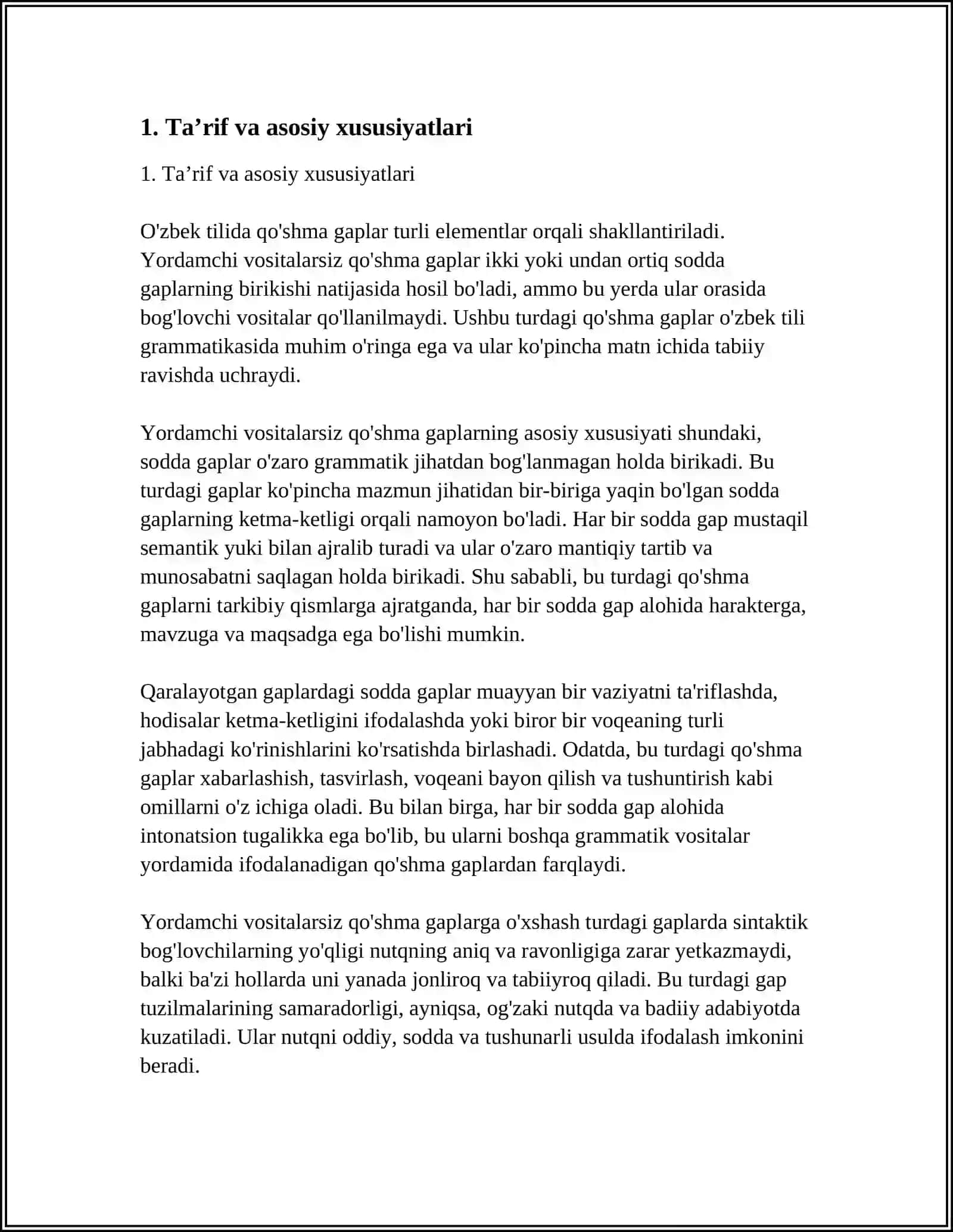 O'ZBEK TILIDA YORDAMCHI VOSITALARSIZ QO'SHMA GAPLAR 3