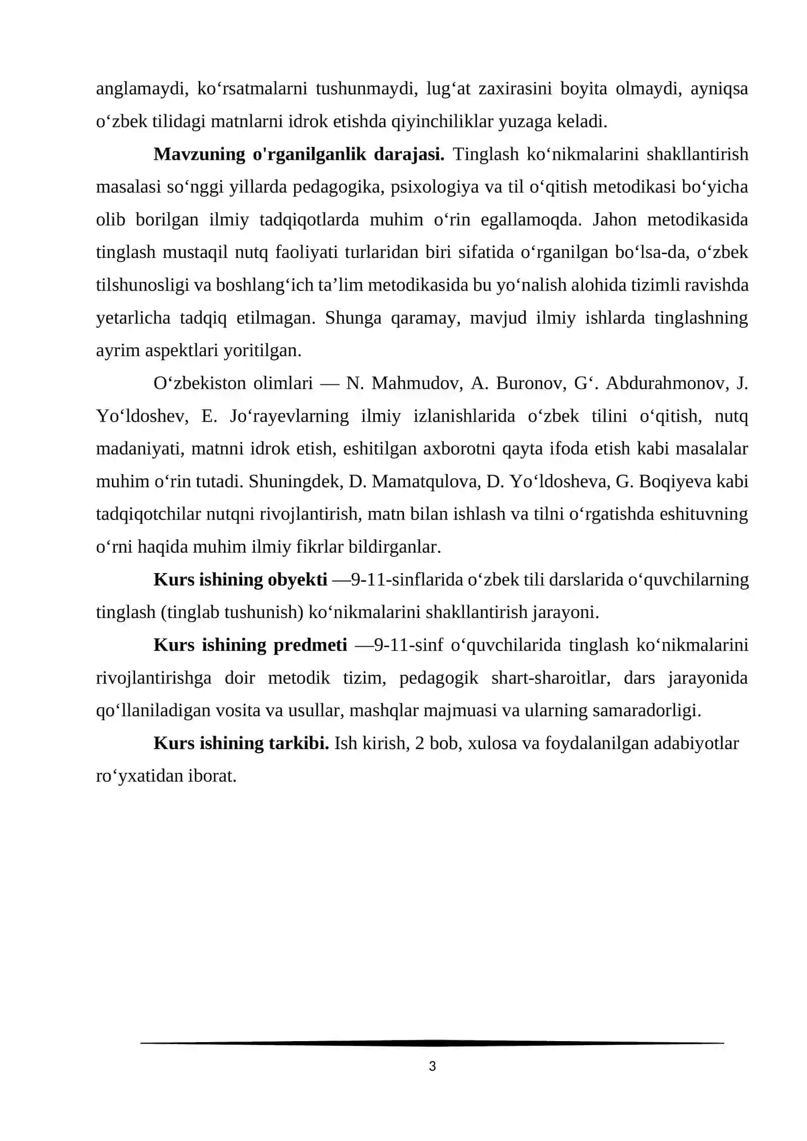 “«Umumta’lim maktablarining 9–11-sinflarida o‘zbek tili darslarida tinglab tushunish (audirovaniya) ko‘nikmalarini rivojlantirish» mavzusidagi  KURS ISHI 3