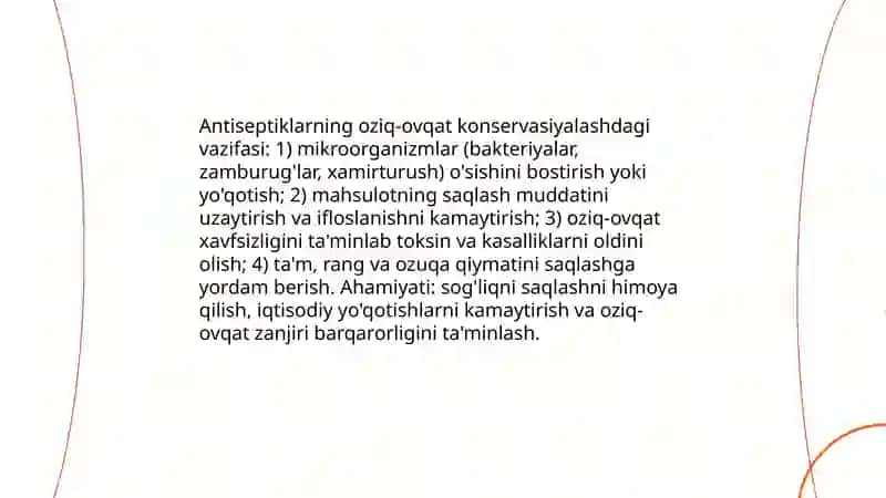 Antiseptiklarning oziq-ovqat konservalashidagi vazifasi va ahamiyati 3