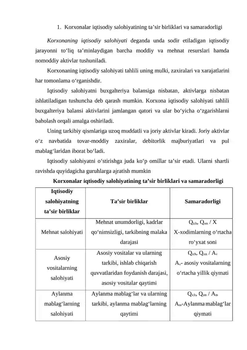 Korxonalar iqtisodiy salohiyati: tarkibi koʼrsatkichlar tizimi va samaradorligini tahlili 3