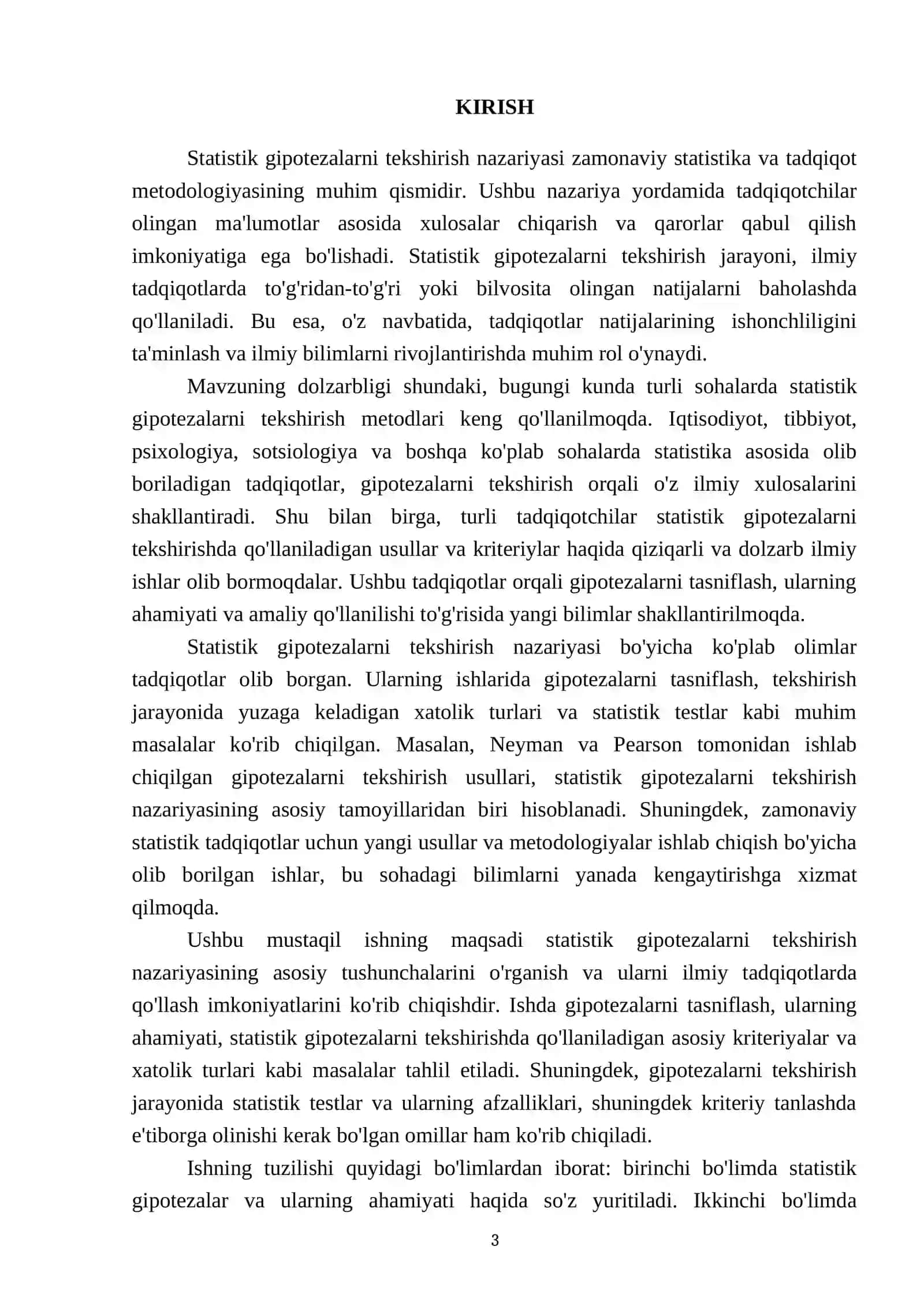 Statistik gipotezalarni tekshirish nazariyasining umumiy tushunchalari. Statistik gipotezalarni tekshirish uchun kriteriy tanlash prinsplari 3