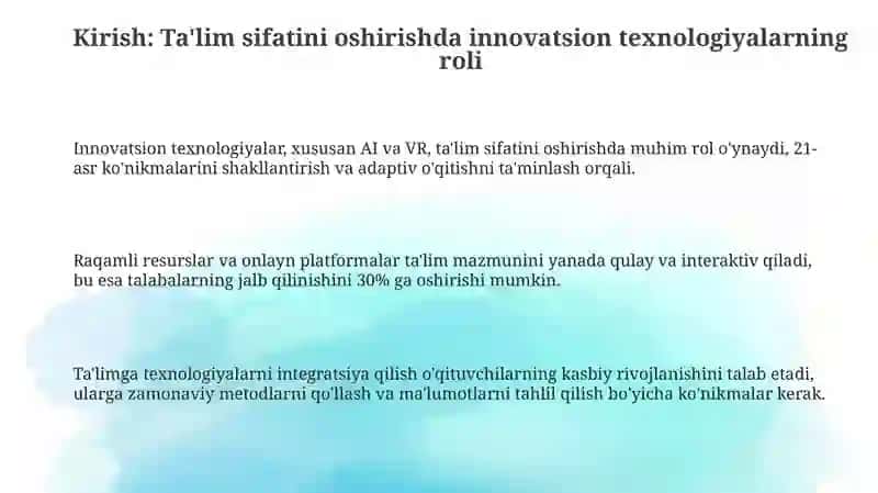 Innovatsion texnologiyalar ta'lim sifatini oshirish manbaisi sifatida 3