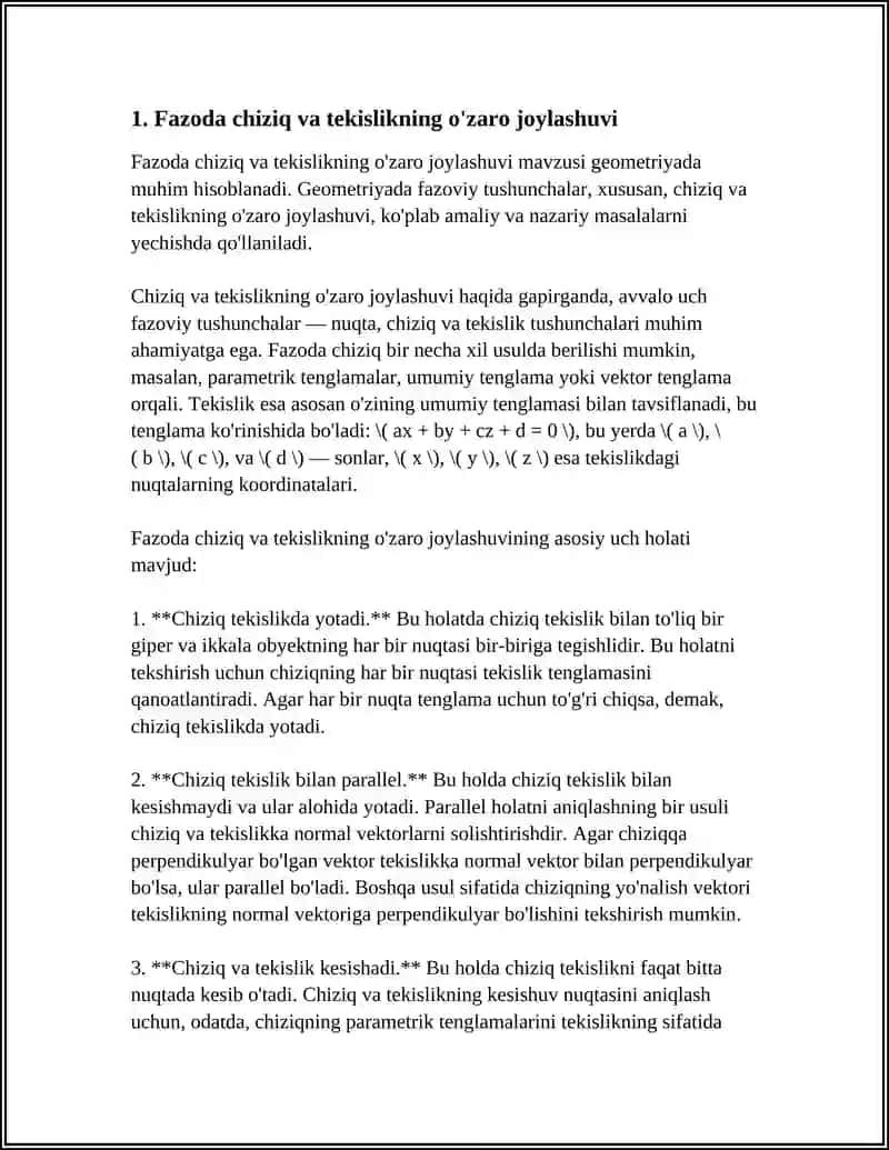FAZODA TOʻGʻRI CHIZIQ VA TEKISLIKKA OID MASALALAR 3