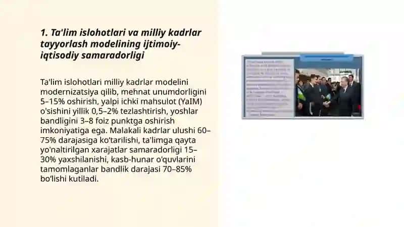 Ta'lım tizimidagi o'zgarishlarning ijtimoiy iqtisodiy rivojlanishiga ta'siri va kadrlar tayyorlash milliy modeli 3
