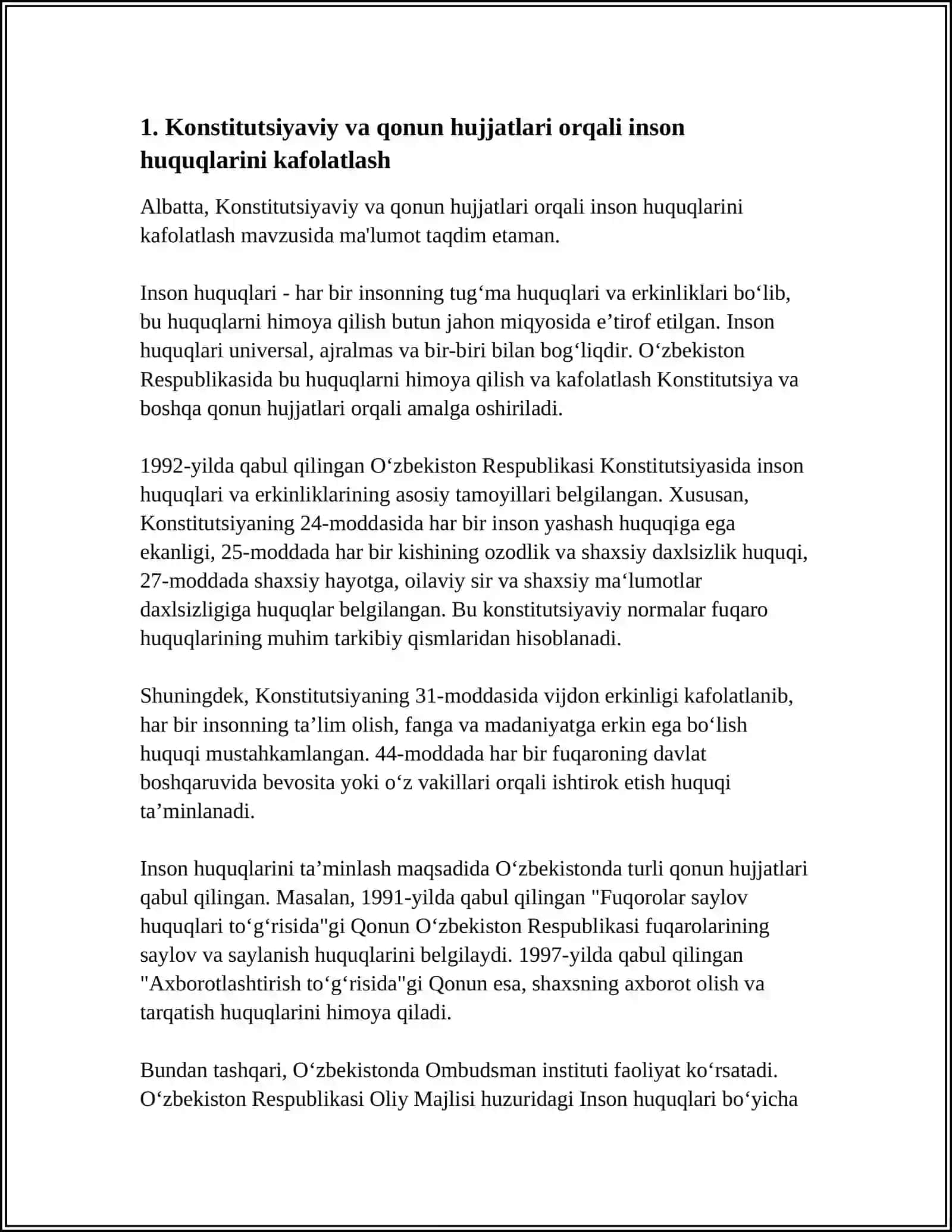 YANGI O‘ZBEKISTONDA INSON HAQ-HUQUQLARI VA ERKINLIKLARI KAFOLATNING YARATILISHI 3