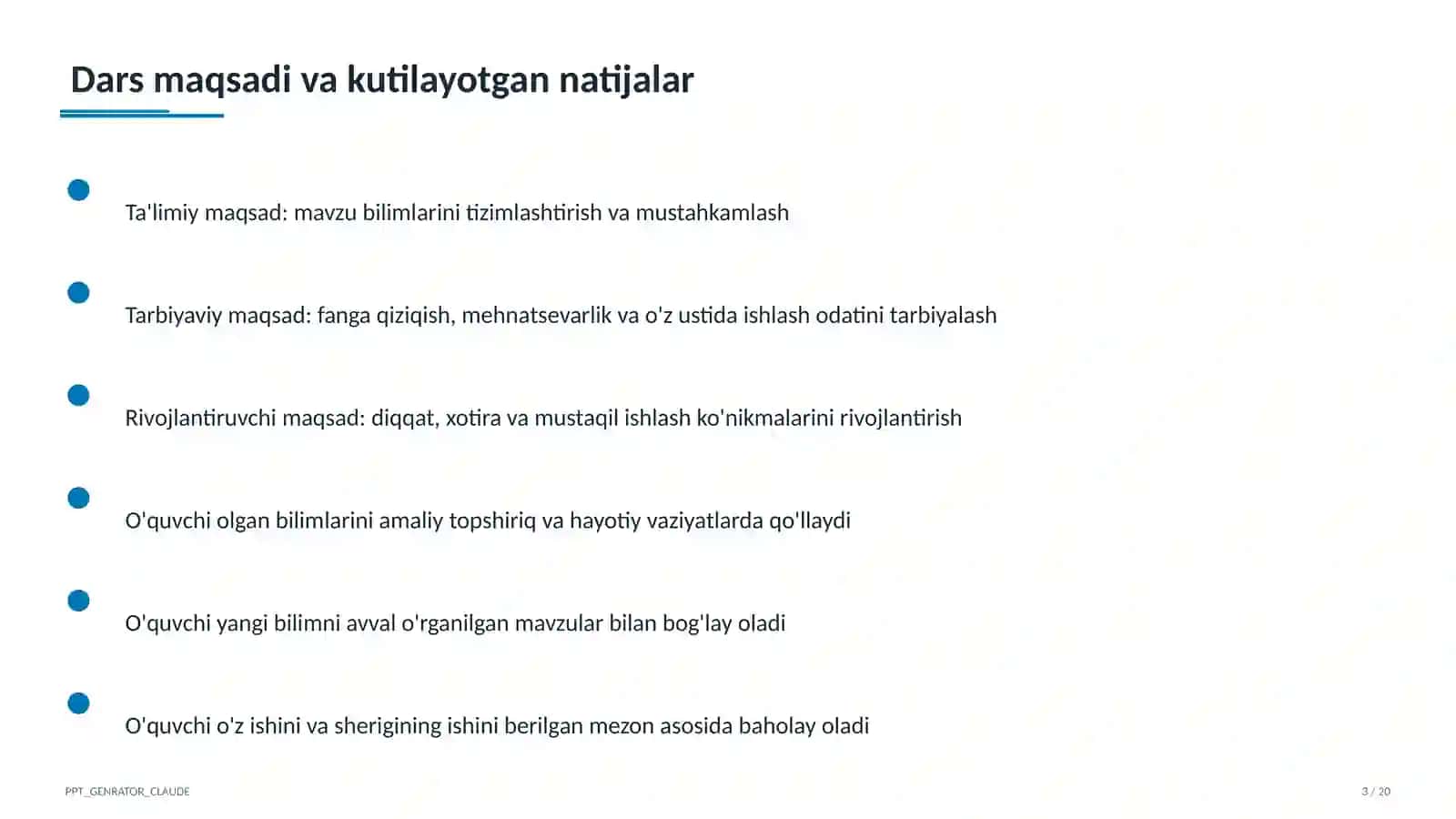 Sinf soati va tarbiyaviy tadbirlar (1– 11) — o'qituvchilar uchun 3