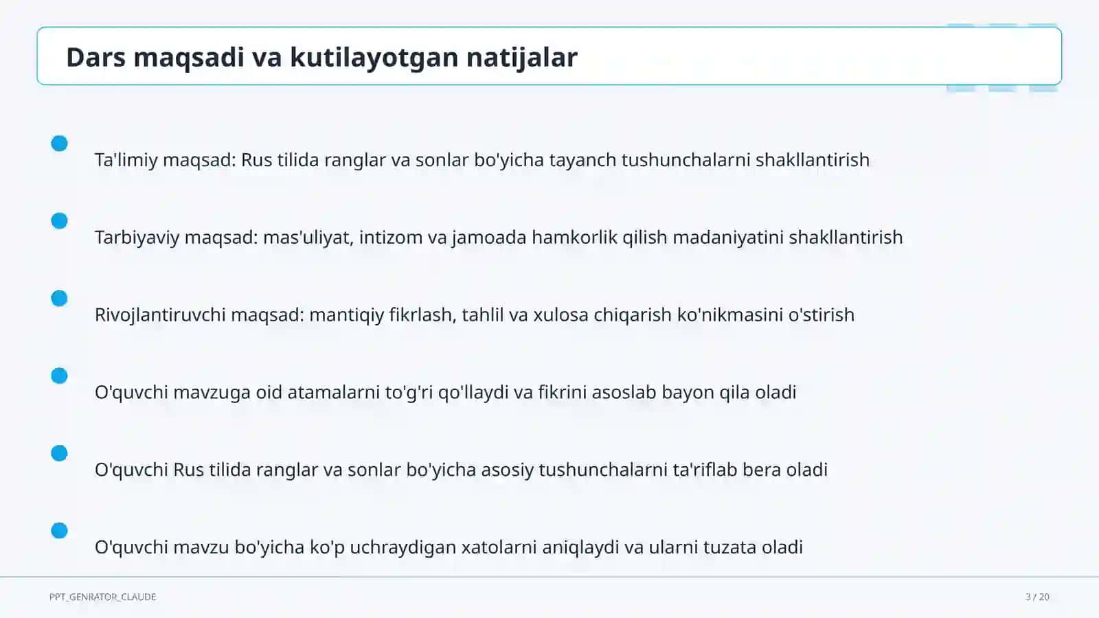 Rus tilida ranglar va sonlar (2-sinf) 3